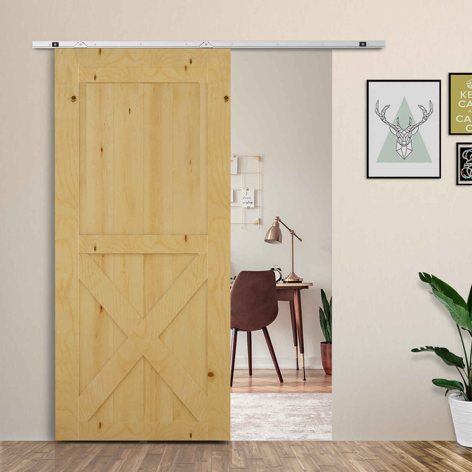 Herraje para Puerta Corredera 186 cm Kit Guía de Accesorios para Puerta Corrediza de Madera con Riel de Metal y 2 Poleas Plateado