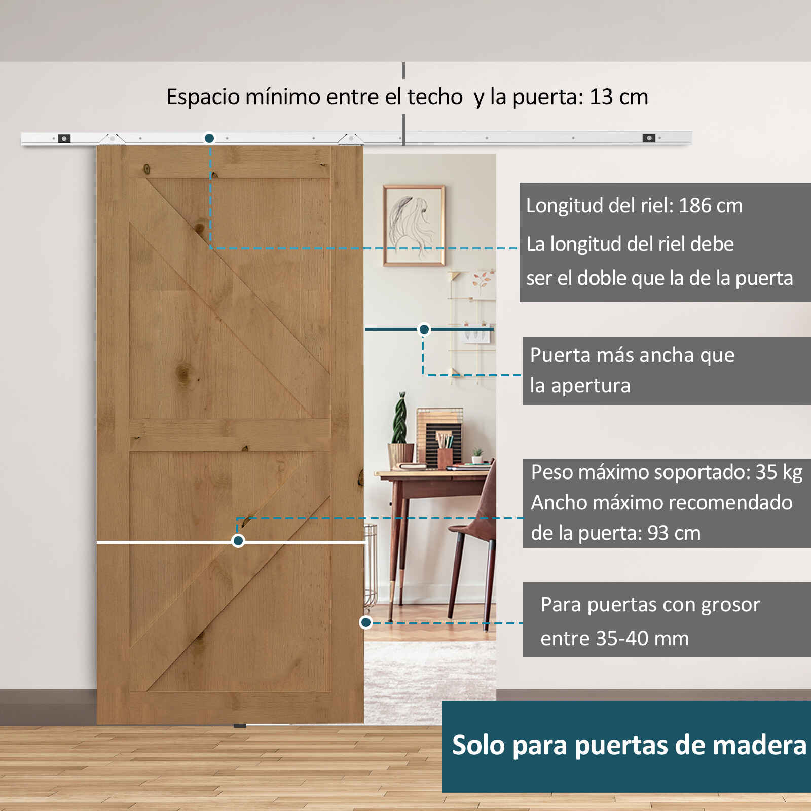 Herraje para Puerta Corredera 186 cm Kit Guía de Accesorios para Puerta Corrediza de Madera con Riel de Metal y 2 Poleas Plateado
