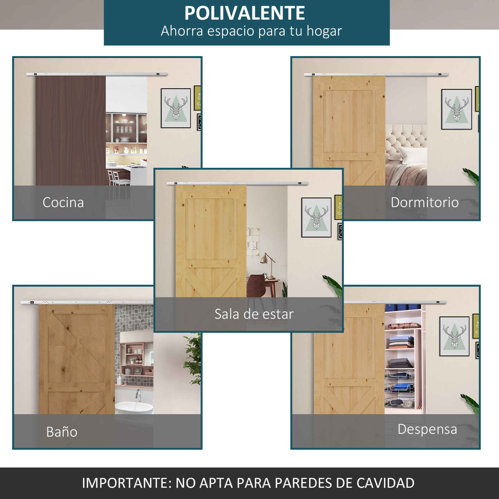 Herraje para Puerta Corredera 186 cm Kit Guía de Accesorios para Puerta Corrediza de Madera con Riel de Metal y 2 Poleas Plateado