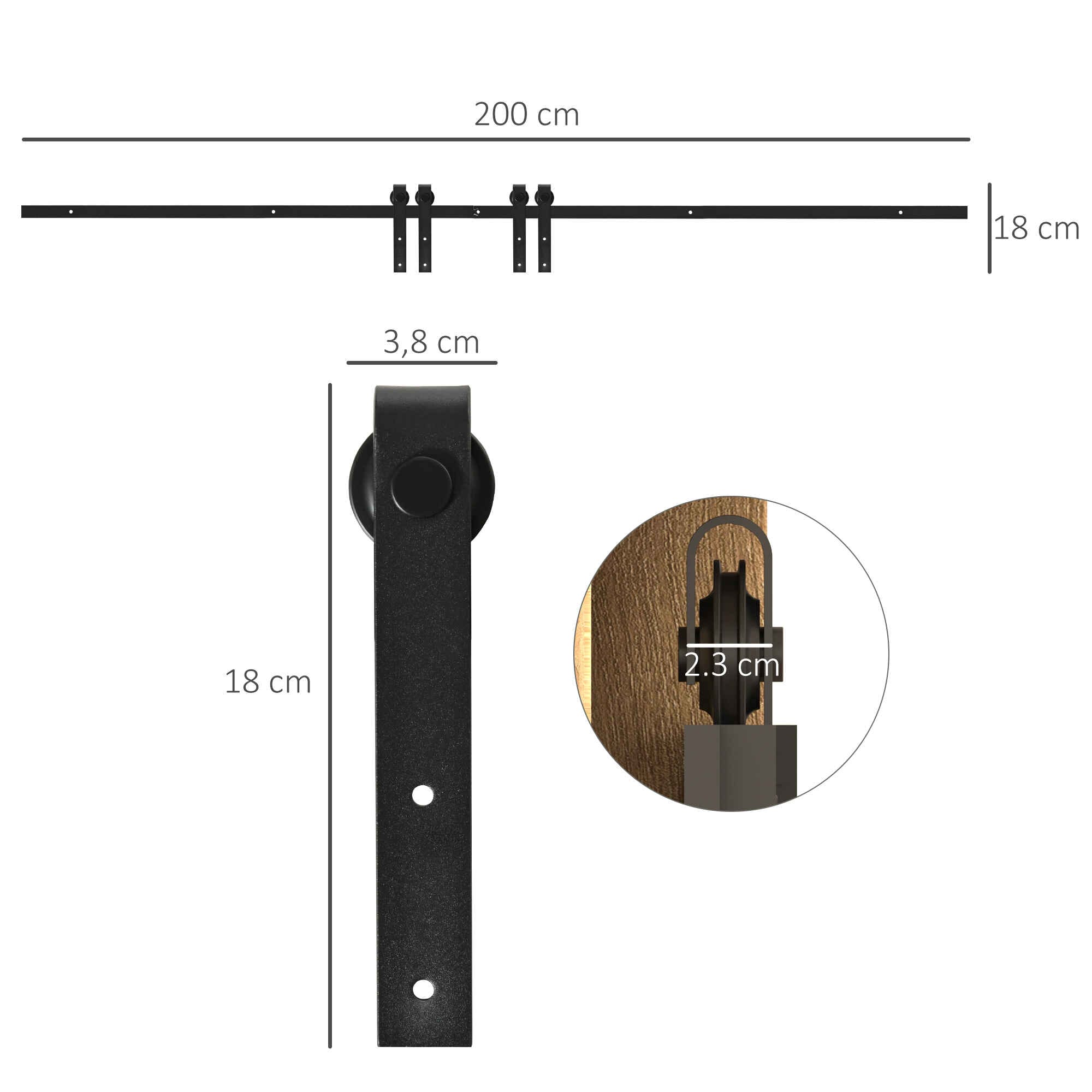 Herrajes Puertas Correderas 200 cm, Kit de Guía para Puerta Corredera Doble de Madera Ancho 50 cm, para Mueble de TV, Armario, Acero al Carbono, Negro