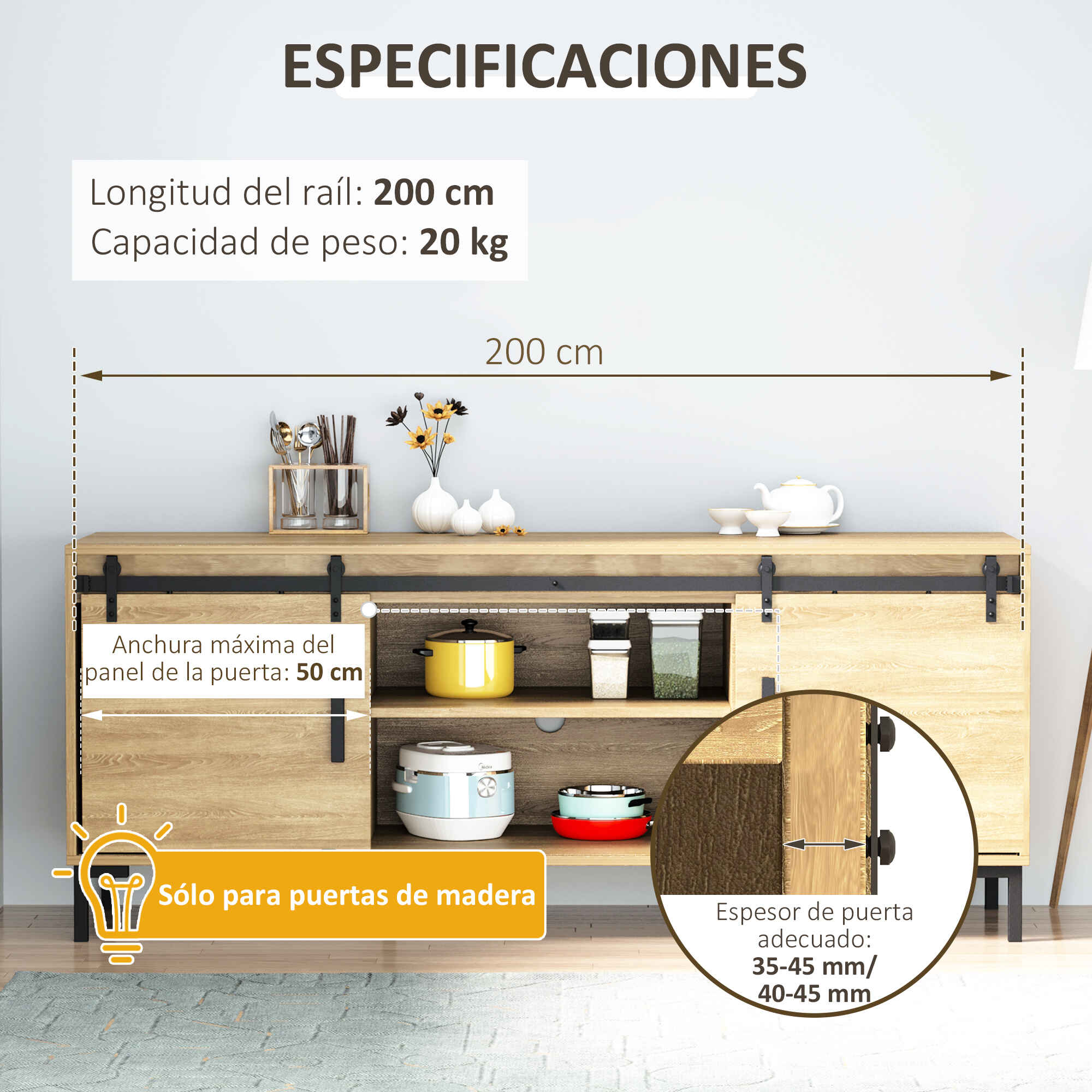 Herrajes Puertas Correderas 200 cm, Kit de Guía para Puerta Corredera Doble de Madera Ancho 50 cm, para Mueble de TV, Armario, Acero al Carbono, Negro