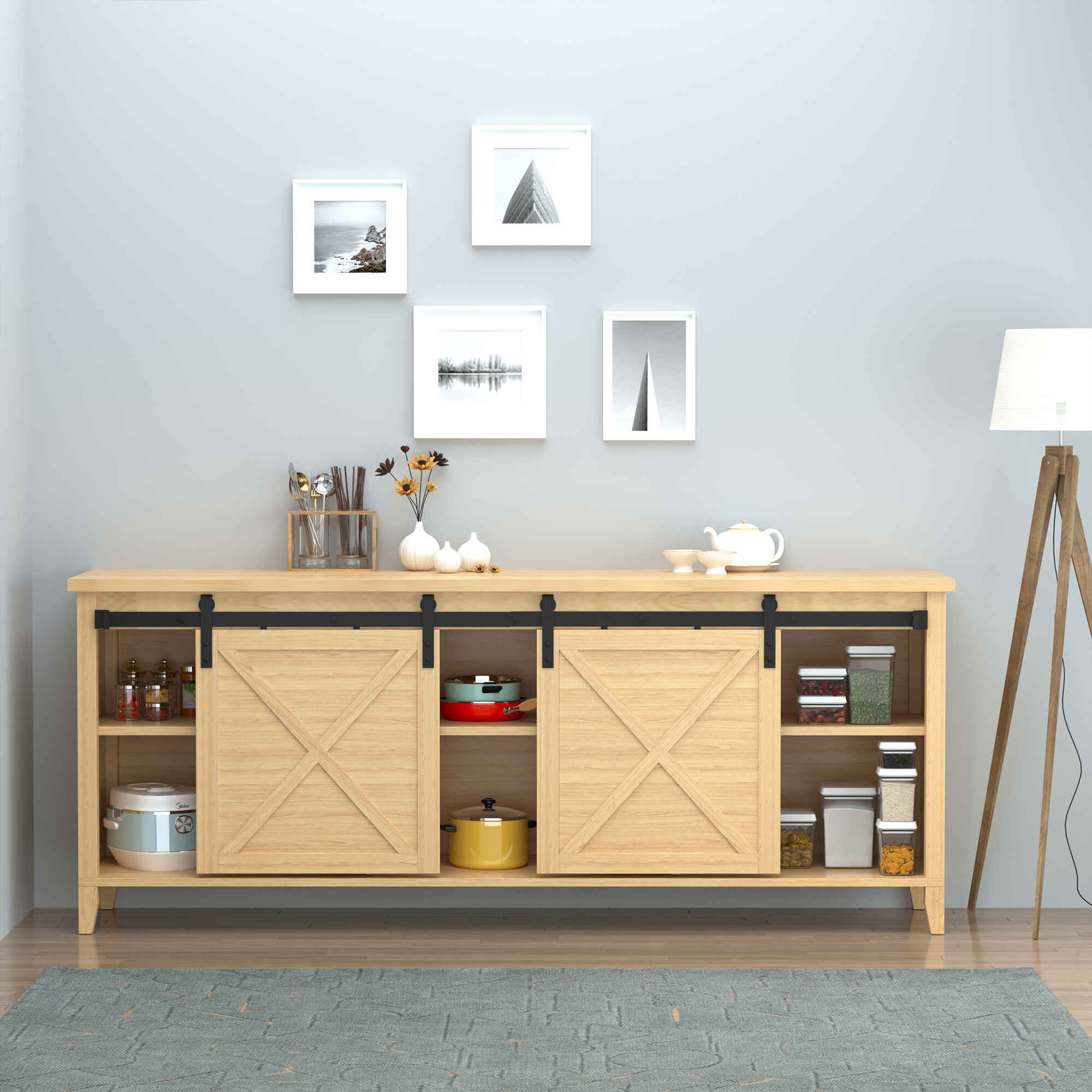 Herrajes Puertas Correderas 183 cm, Kit de Guía para Puerta Corredera Doble de Madera Ancho 45 cm, para Mueble de TV, Armario, Acero al Carbono, Negro