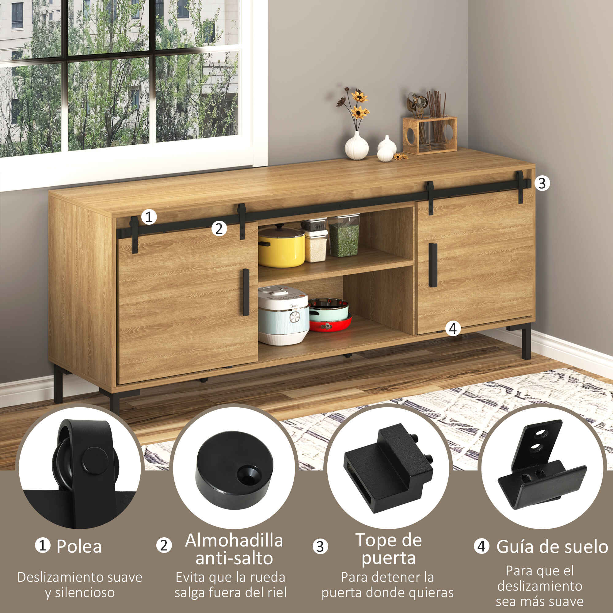 Herrajes Puertas Correderas 183 cm, Kit de Guía para Puerta Corredera Doble de Madera Ancho 45 cm, para Mueble de TV, Armario, Acero al Carbono, Negro