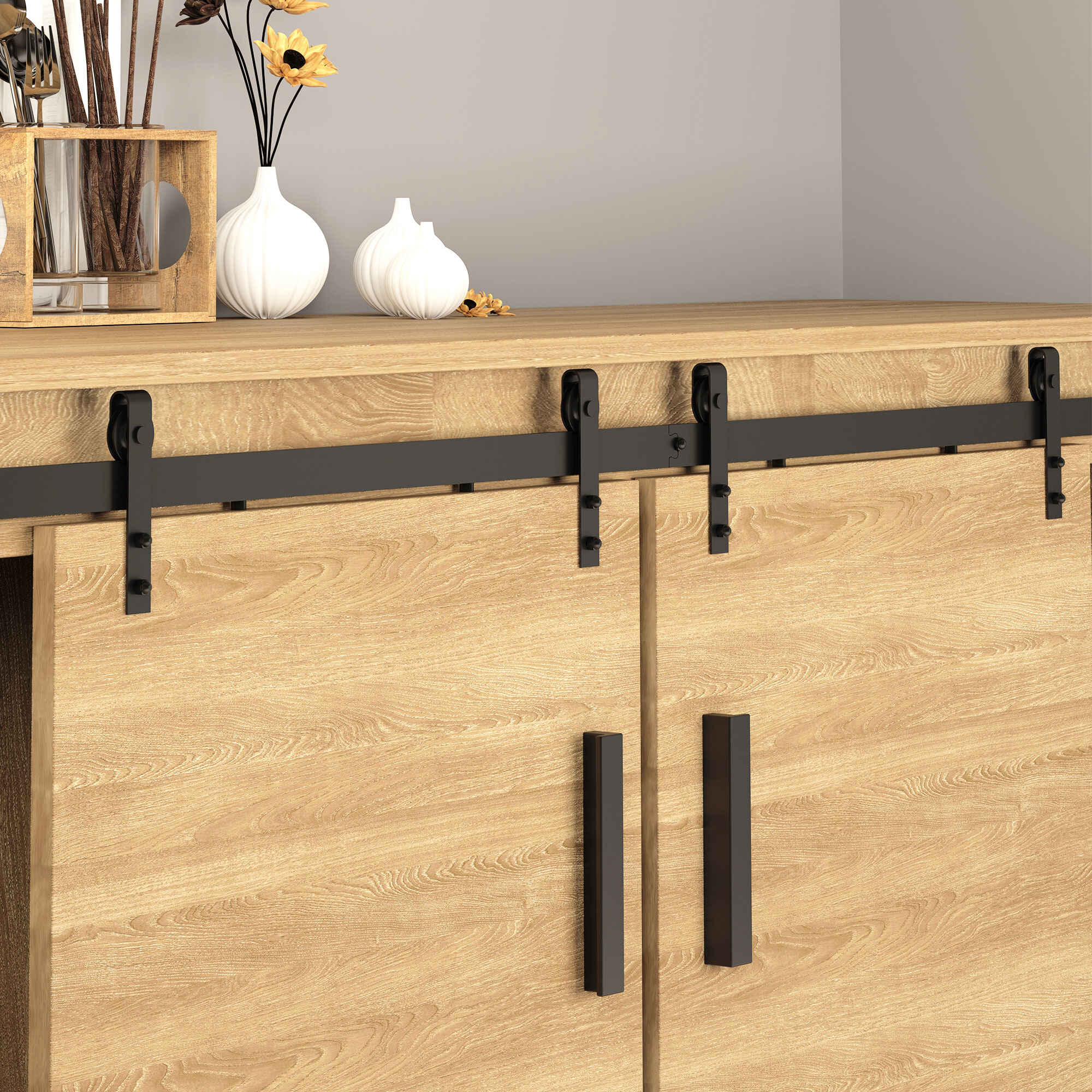 Herrajes Puertas Correderas 183 cm, Kit de Guía para Puerta Corredera Doble de Madera Ancho 45 cm, para Mueble de TV, Armario, Acero al Carbono, Negro