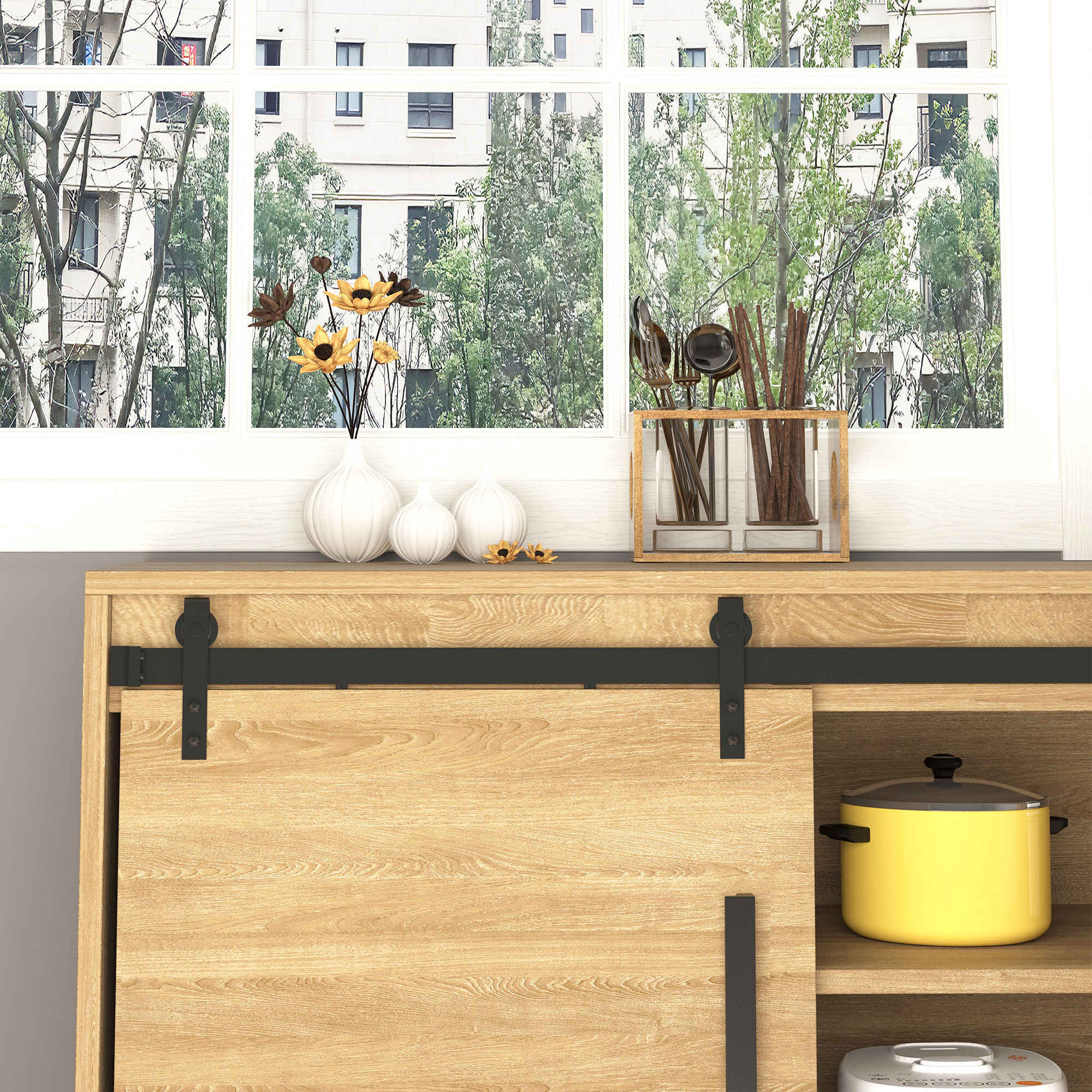 Herrajes Puertas Correderas 183 cm, Kit de Guía para Puerta Corredera Doble de Madera Ancho 45 cm, para Mueble de TV, Armario, Acero al Carbono, Negro