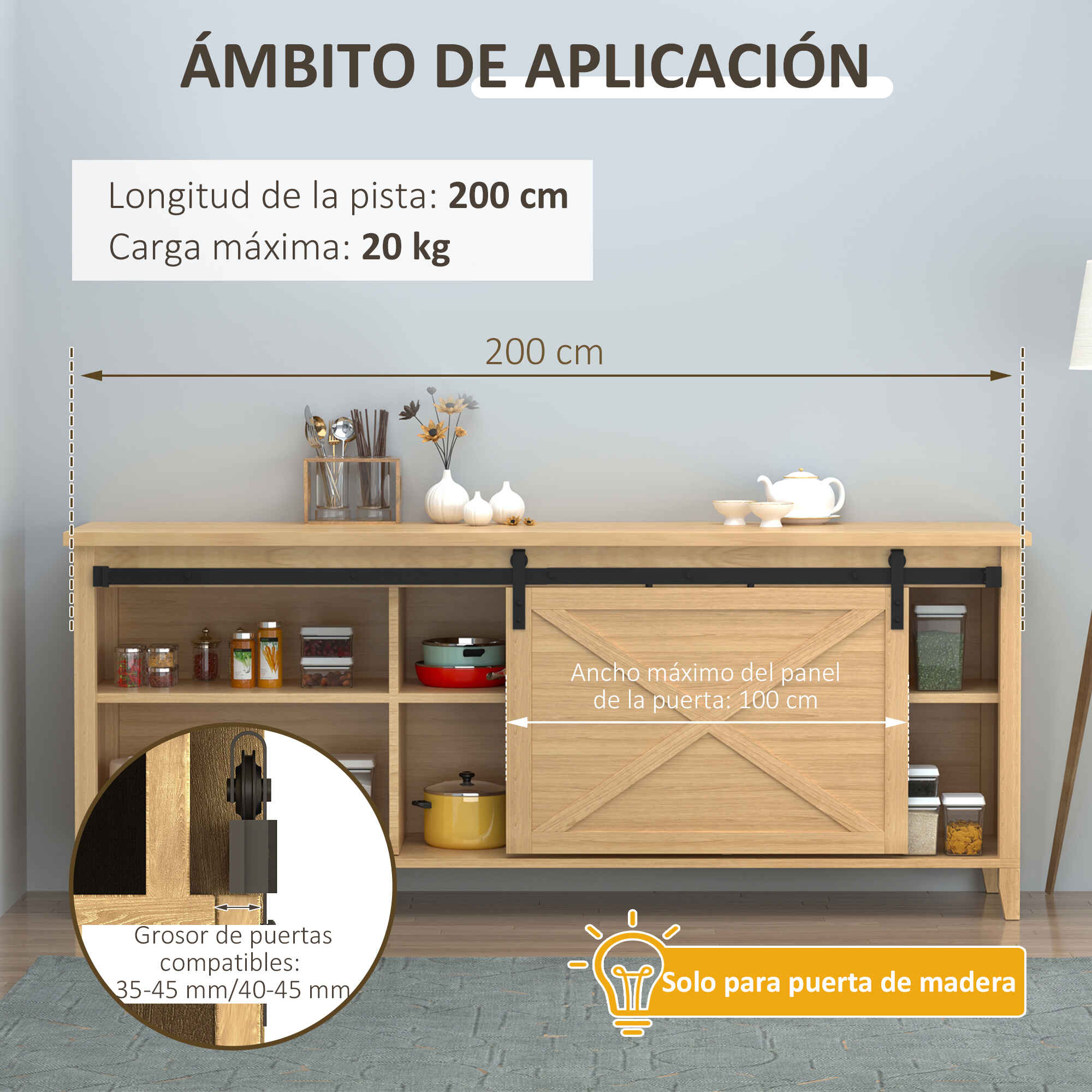Mini Herraje para Puerta Corredera 200 cm Kit de Accesorios / Guías para Puerta Corrediza de Madera con 2 Rieles de Acero al Carbono Carga 20 kg 200x0,4x18 cm Negro