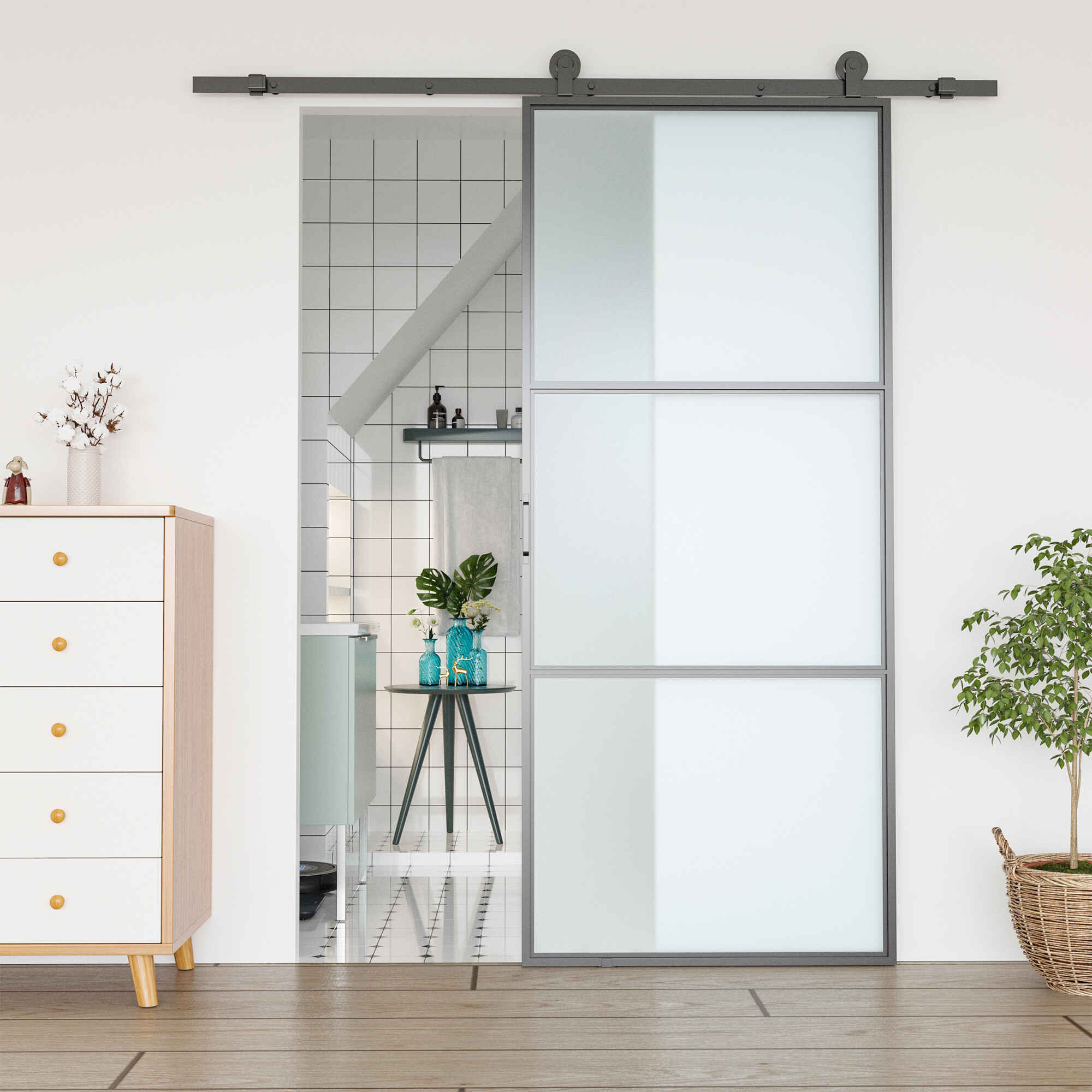 Herrajes para Puertas Correderas 200 cm, Kit de Accesorios / Guías para Puerta Corredera con 2 Rieles de Acero al Carbono, Guía de Suelo, 2 Topes, Dispositivo Antideslizante, para Garaje Armario Negro
