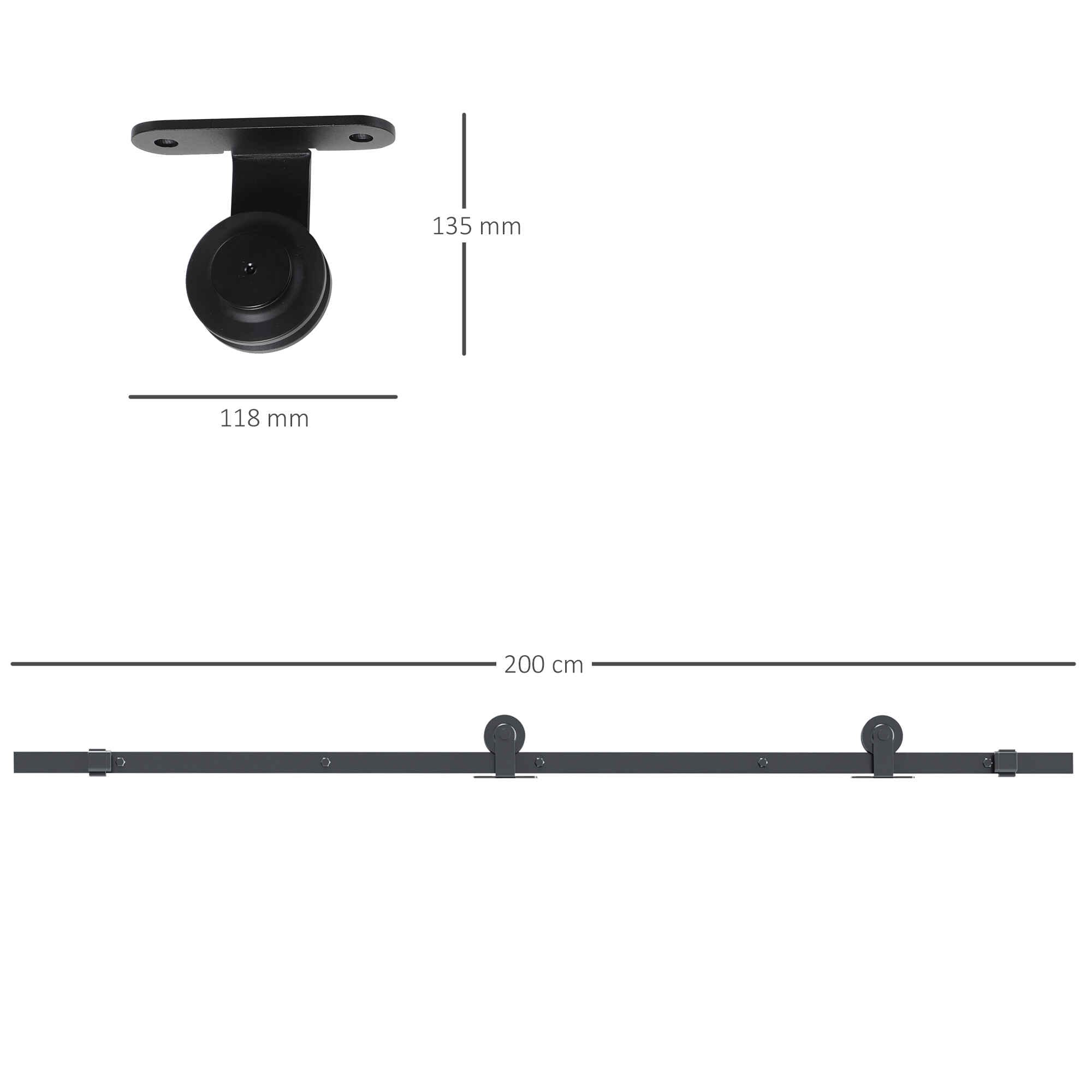 Herrajes para Puertas Correderas 200 cm, Kit de Accesorios / Guías para Puerta Corredera con 2 Rieles de Acero al Carbono, Guía de Suelo, 2 Topes, Dispositivo Antideslizante, para Garaje Armario Negro