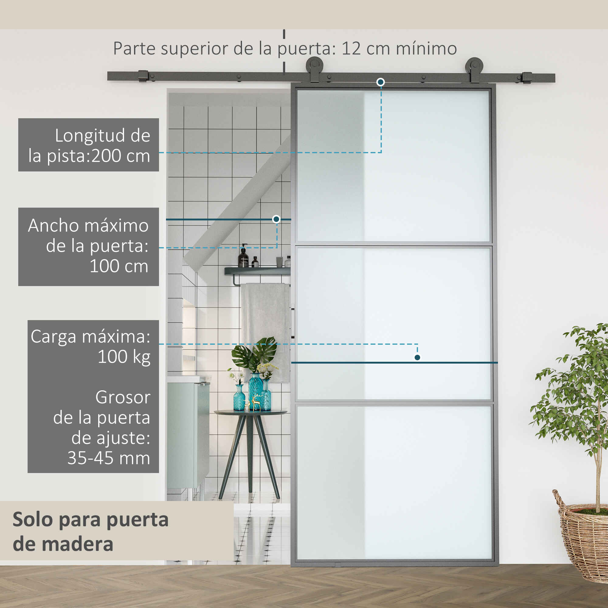 Herrajes para Puertas Correderas 200 cm, Kit de Accesorios / Guías para Puerta Corredera con 2 Rieles de Acero al Carbono, Guía de Suelo, 2 Topes, Dispositivo Antideslizante, para Garaje Armario Negro