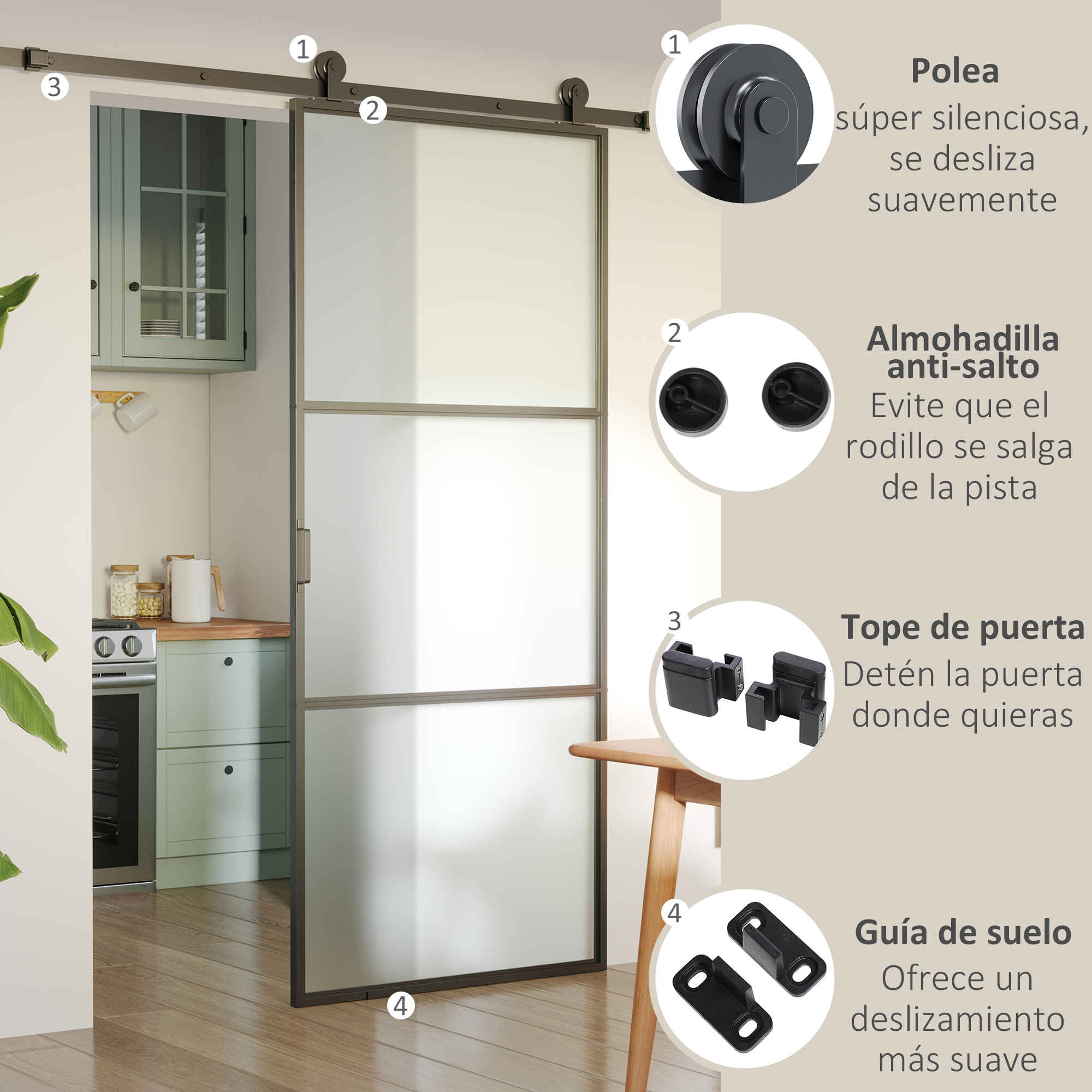 Herrajes para Puertas Correderas 200 cm, Kit de Accesorios / Guías para Puerta Corredera con 2 Rieles de Acero al Carbono, Guía de Suelo, 2 Topes, Dispositivo Antideslizante, para Garaje Armario Negro