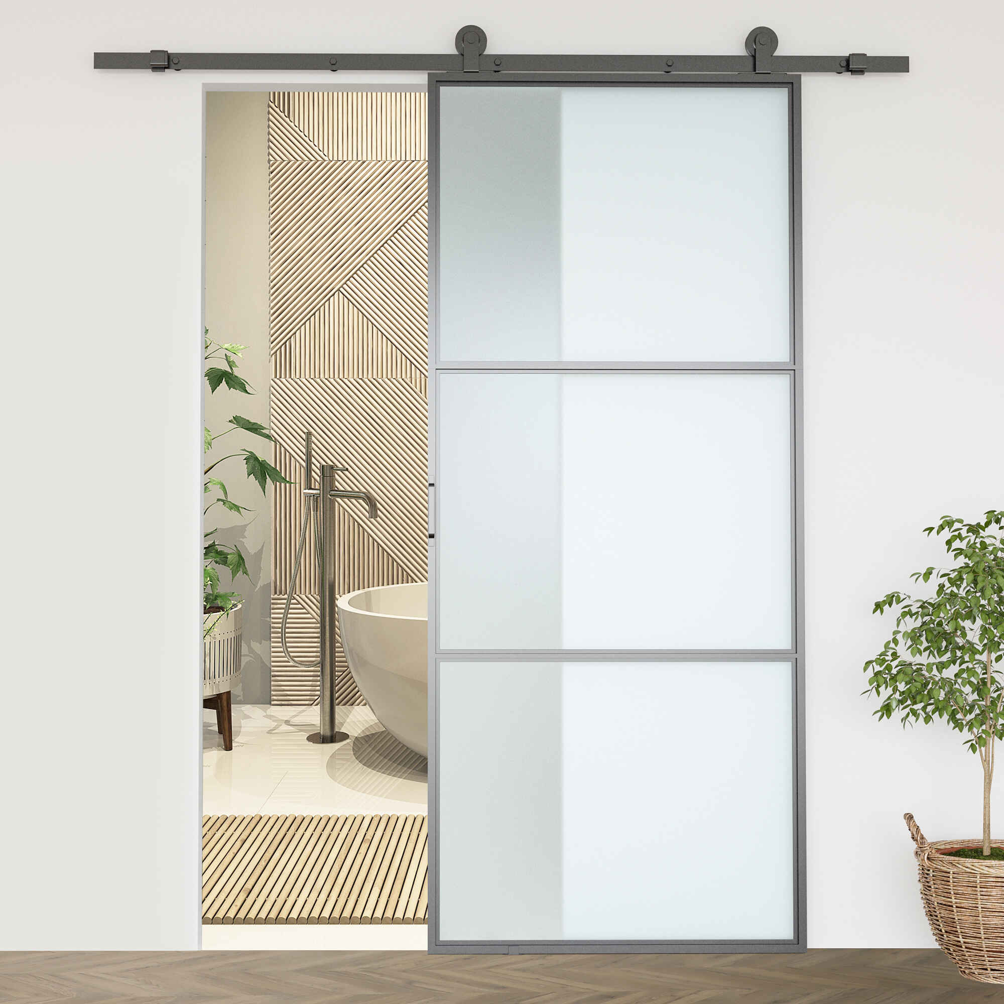 Herrajes para Puertas Correderas 200 cm, Kit de Accesorios / Guías para Puerta Corredera con 2 Rieles de Acero al Carbono, Guía de Suelo, 2 Topes, Dispositivo Antideslizante, para Garaje Armario Negro