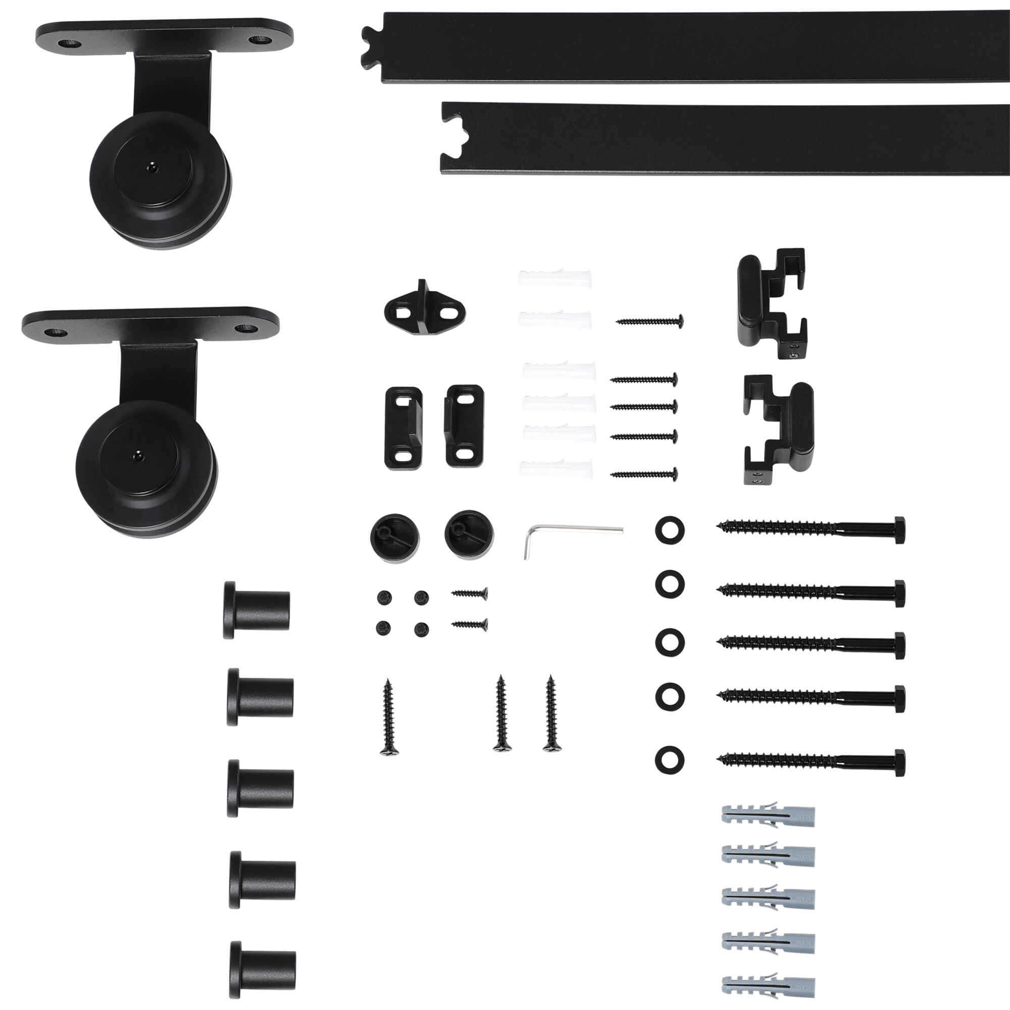 Herrajes para Puertas Correderas 200 cm, Kit de Accesorios / Guías para Puerta Corredera con 2 Rieles de Acero al Carbono, Guía de Suelo, 2 Topes, Dispositivo Antideslizante, para Garaje Armario Negro