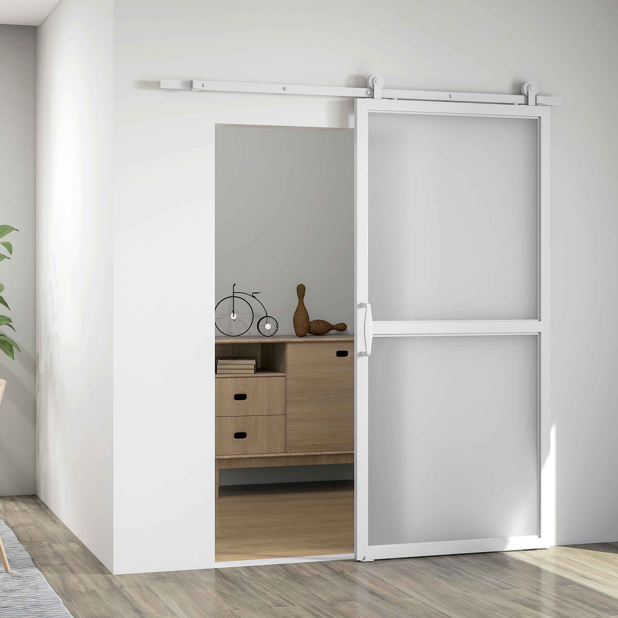 Herrajes para Puertas Correderas 200 cm, Kit de Accesorios para Puerta Corredera con 2 Rieles / Guías de Acero al Carbono, Guía de Suelo, 2 Topes, Dispositivo Antideslizante, para Garaje Armario Blanco