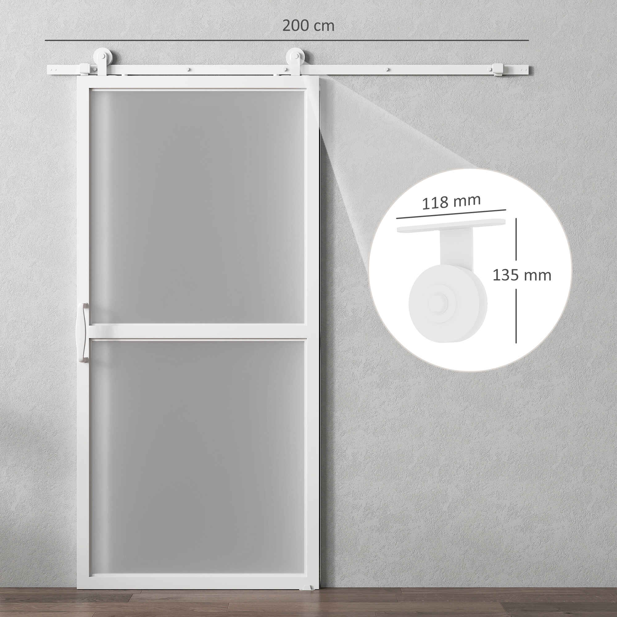 Herrajes para Puertas Correderas 200 cm, Kit de Accesorios para Puerta Corredera con 2 Rieles / Guías de Acero al Carbono, Guía de Suelo, 2 Topes, Dispositivo Antideslizante, para Garaje Armario Blanco