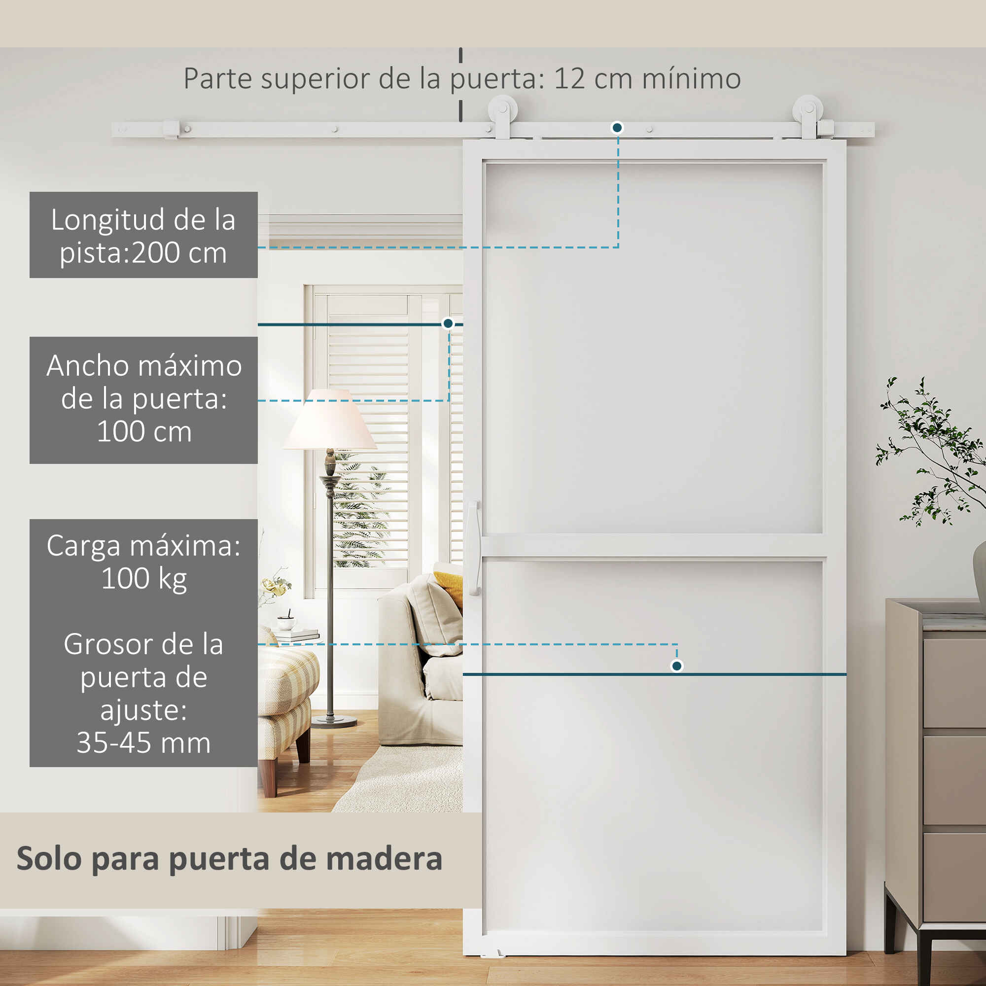 Herrajes para Puertas Correderas 200 cm, Kit de Accesorios para Puerta Corredera con 2 Rieles / Guías de Acero al Carbono, Guía de Suelo, 2 Topes, Dispositivo Antideslizante, para Garaje Armario Blanco