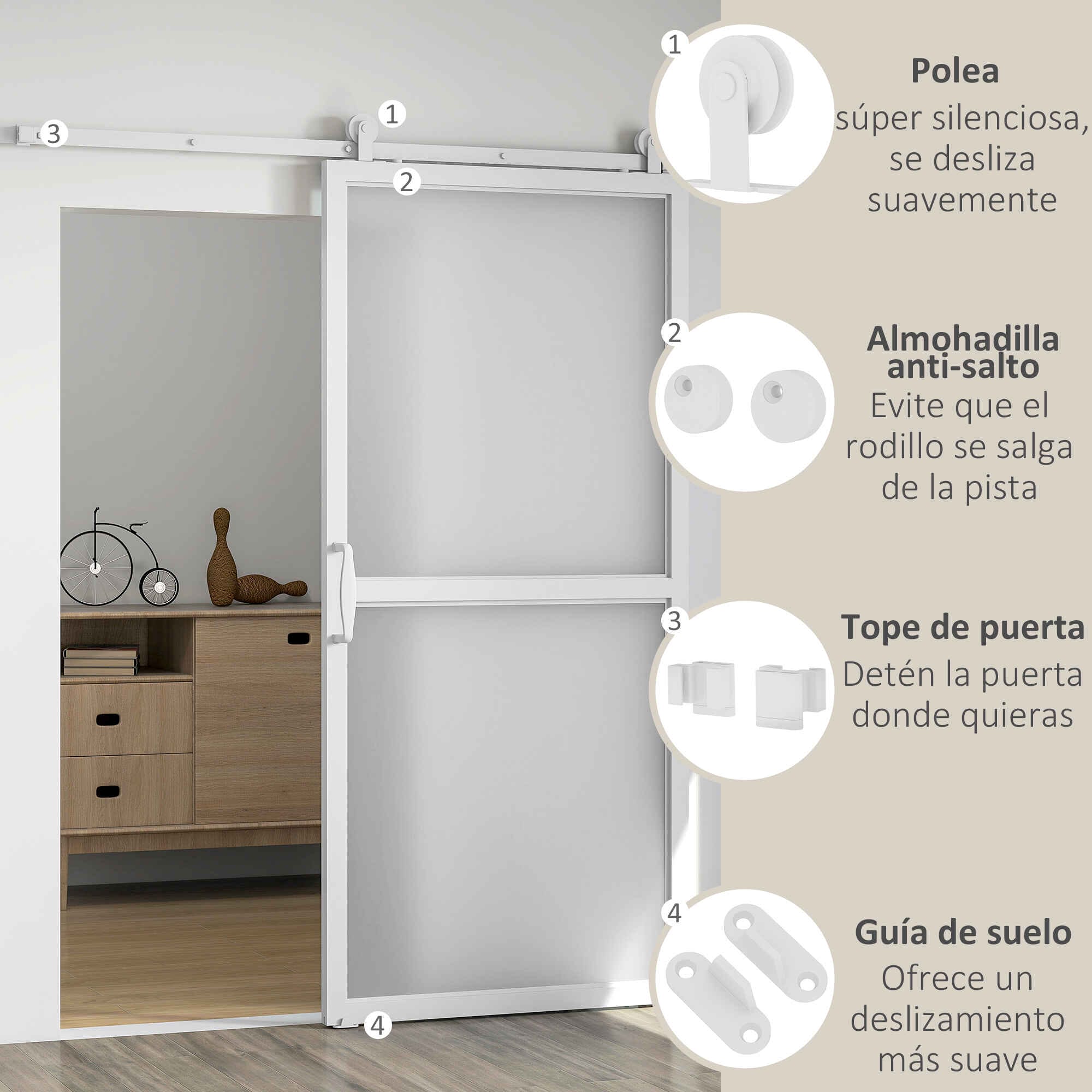 Herrajes para Puertas Correderas 200 cm, Kit de Accesorios para Puerta Corredera con 2 Rieles / Guías de Acero al Carbono, Guía de Suelo, 2 Topes, Dispositivo Antideslizante, para Garaje Armario Blanco