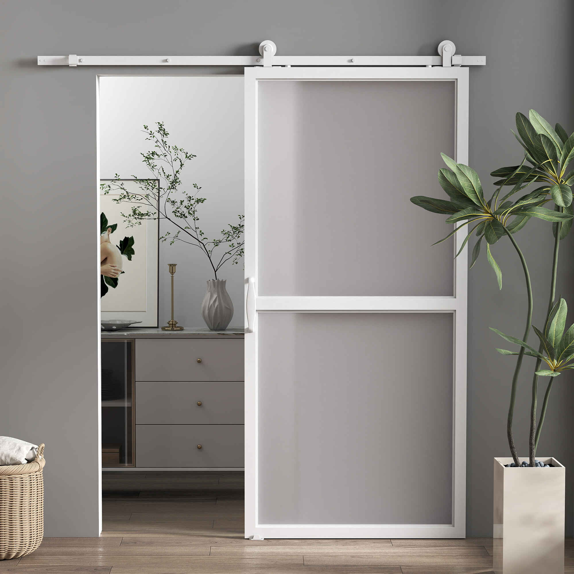 Herrajes para Puertas Correderas 200 cm, Kit de Accesorios para Puerta Corredera con 2 Rieles / Guías de Acero al Carbono, Guía de Suelo, 2 Topes, Dispositivo Antideslizante, para Garaje Armario Blanco