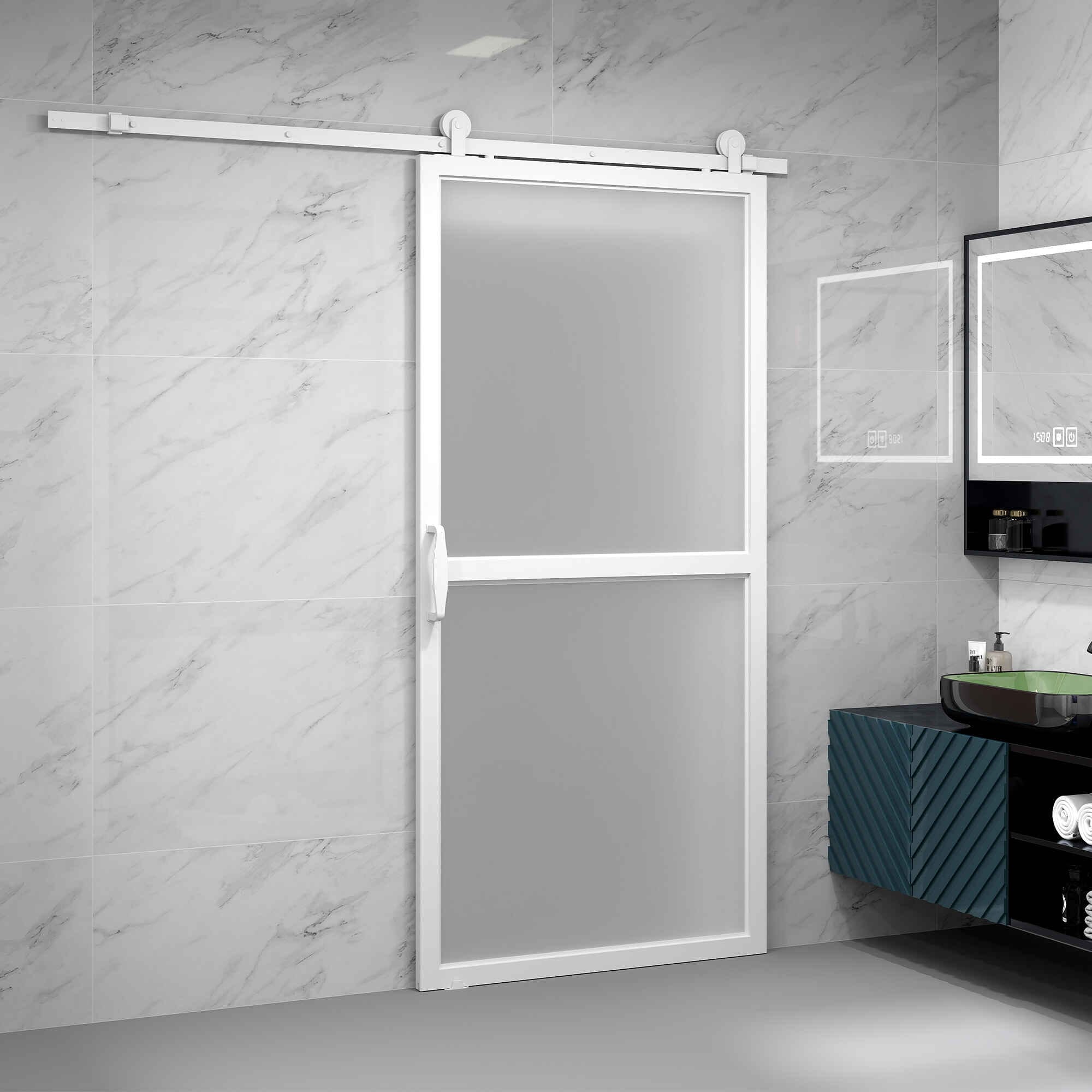 Herrajes para Puertas Correderas 200 cm, Kit de Accesorios para Puerta Corredera con 2 Rieles / Guías de Acero al Carbono, Guía de Suelo, 2 Topes, Dispositivo Antideslizante, para Garaje Armario Blanco