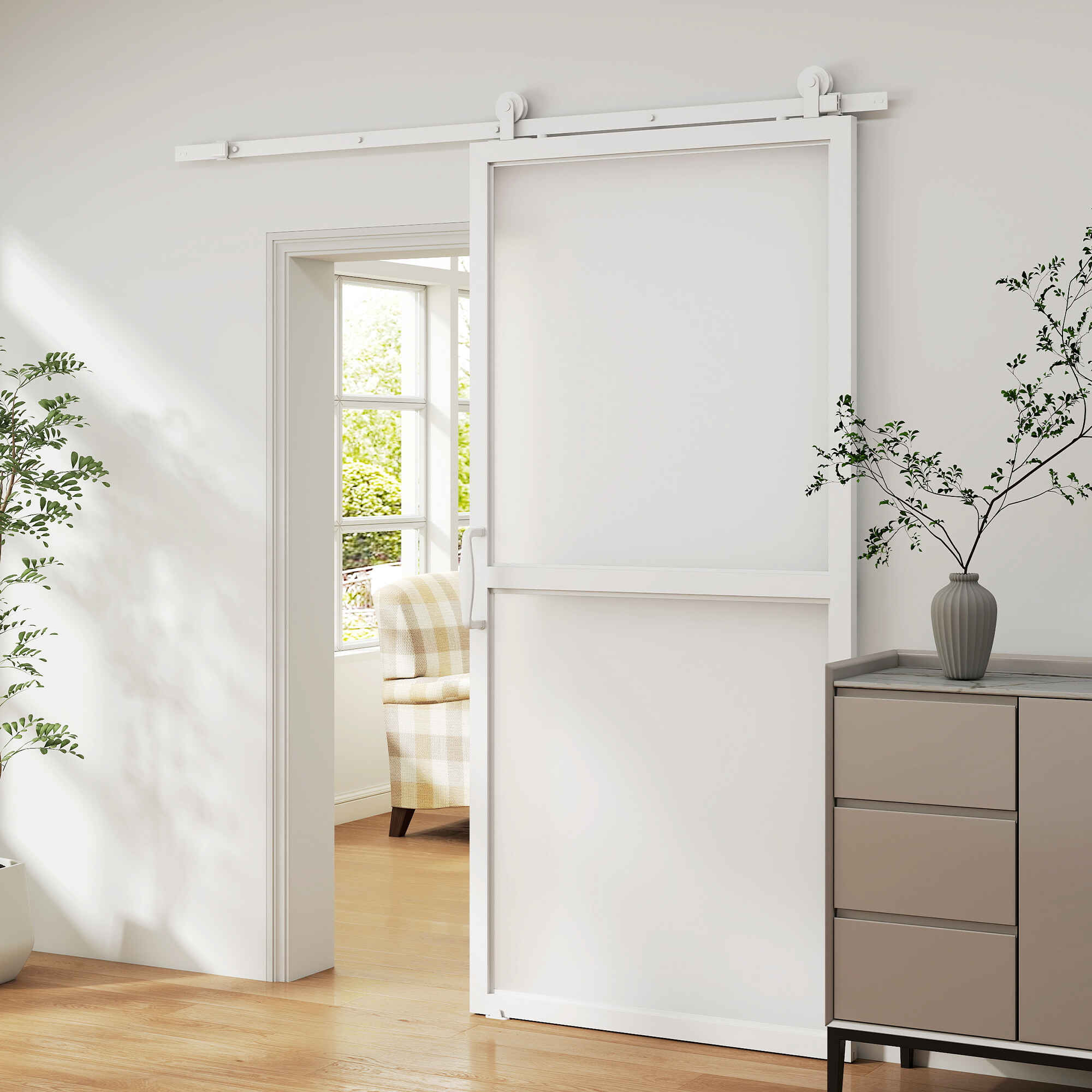 Herrajes para Puertas Correderas 200 cm, Kit de Accesorios para Puerta Corredera con 2 Rieles / Guías de Acero al Carbono, Guía de Suelo, 2 Topes, Dispositivo Antideslizante, para Garaje Armario Blanco