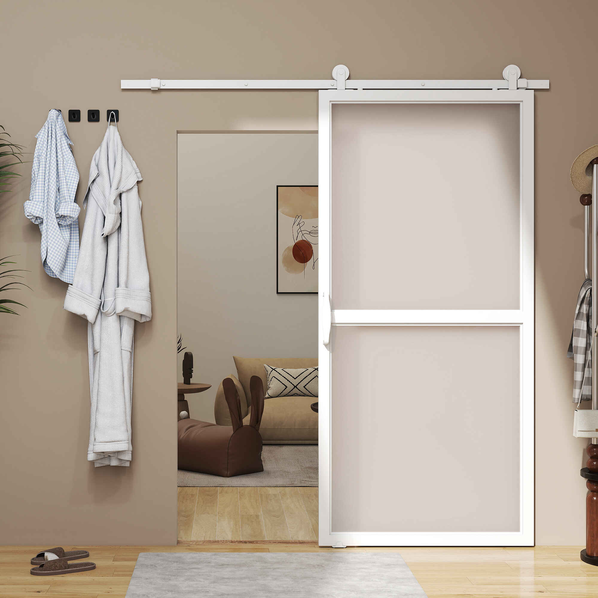 Herrajes para Puertas Correderas 200 cm, Kit de Accesorios para Puerta Corredera con 2 Rieles / Guías de Acero al Carbono, Guía de Suelo, 2 Topes, Dispositivo Antideslizante, para Garaje Armario Blanco