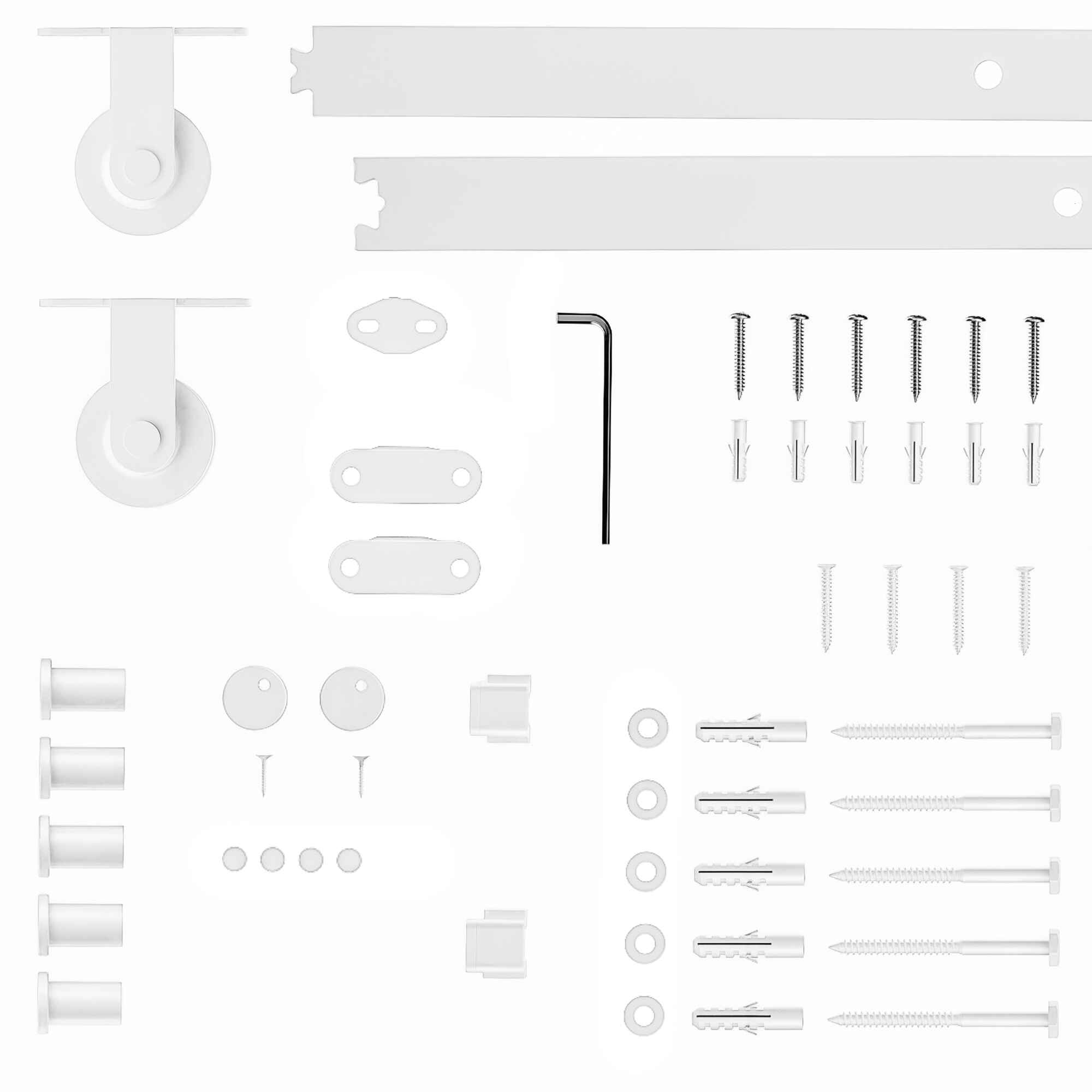 Herrajes para Puertas Correderas 200 cm, Kit de Accesorios para Puerta Corredera con 2 Rieles / Guías de Acero al Carbono, Guía de Suelo, 2 Topes, Dispositivo Antideslizante, para Garaje Armario Blanco