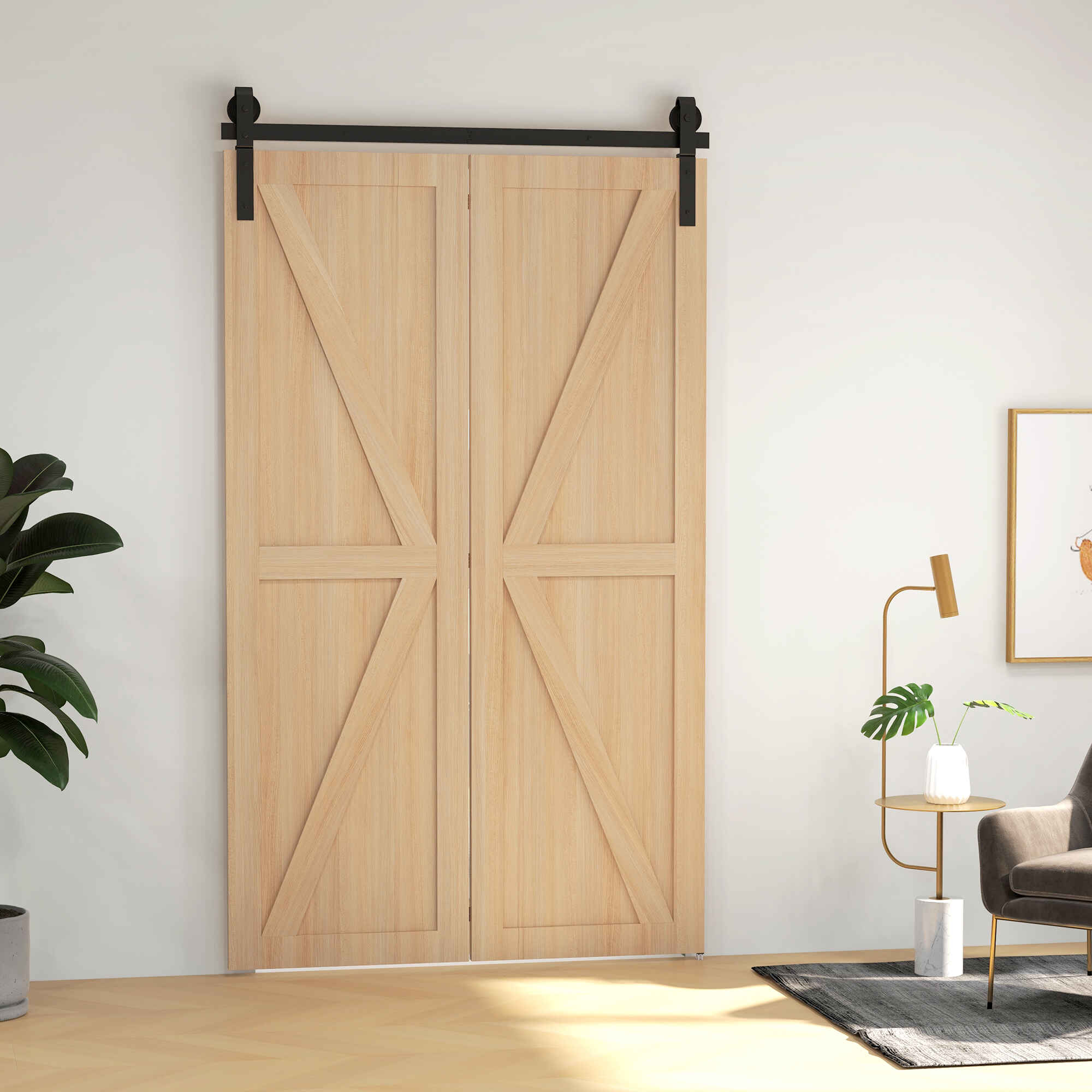4FT/122CM Herrajes para Puerta Corredera Plegable Kit de Puerta Corrediza para 2 Puertas con Riel / Guía para Granero Negro