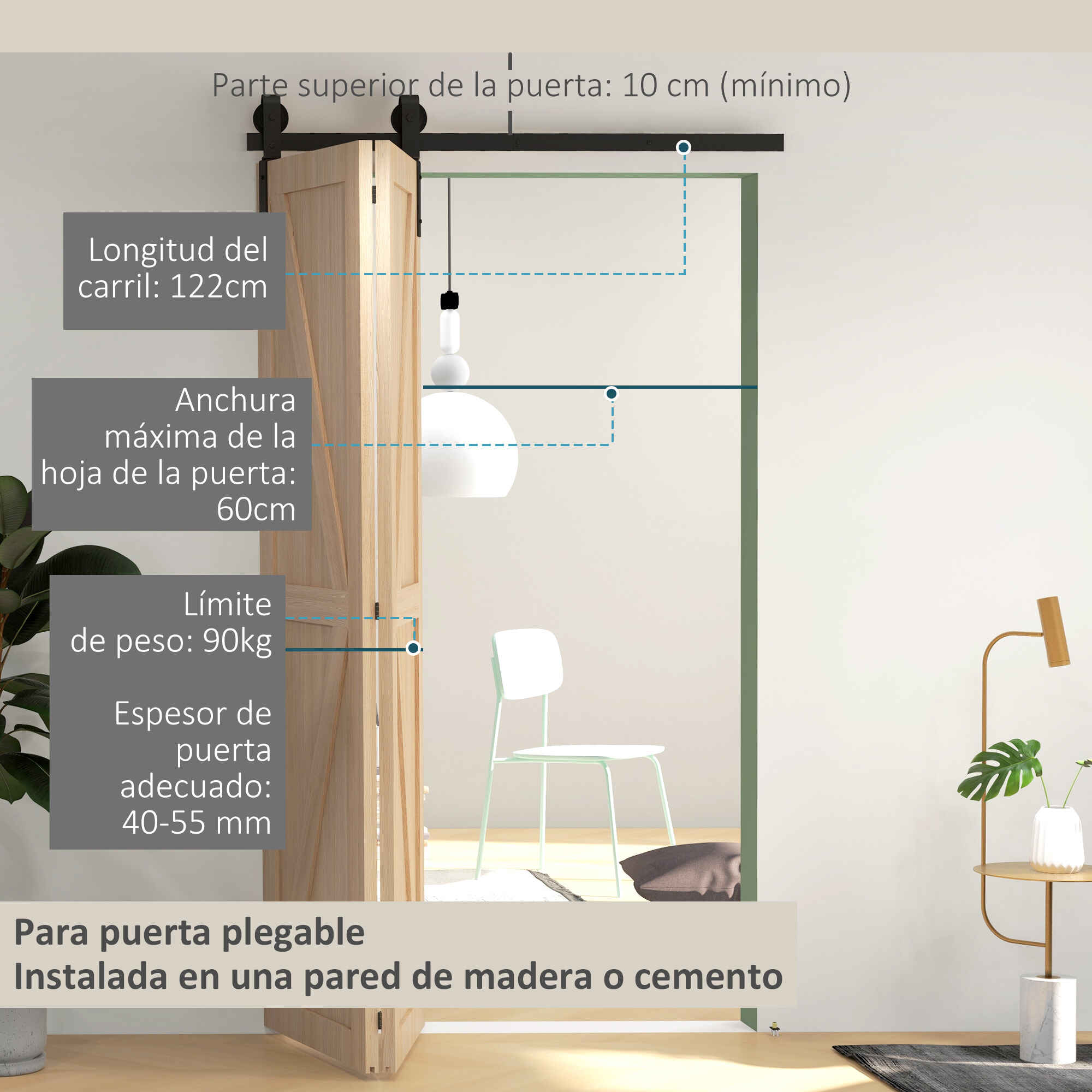 4FT/122CM Herrajes para Puerta Corredera Plegable Kit de Puerta Corrediza para 2 Puertas con Riel / Guía para Granero Negro