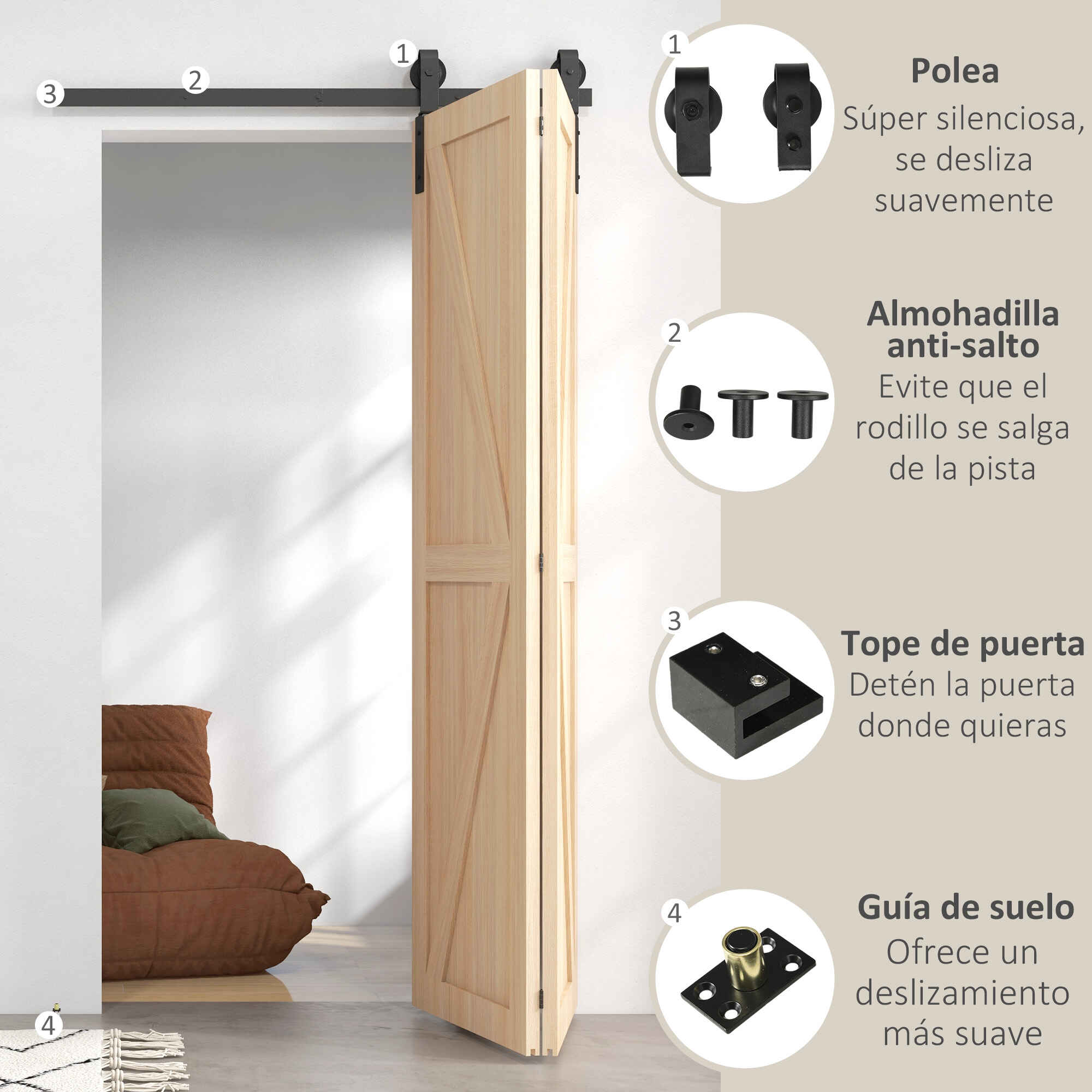4FT/122CM Herrajes para Puerta Corredera Plegable Kit de Puerta Corrediza para 2 Puertas con Riel / Guía para Granero Negro