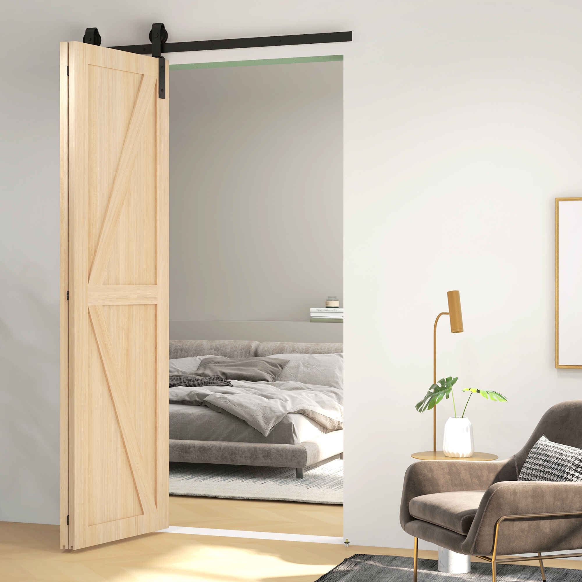 4FT/122CM Herrajes para Puerta Corredera Plegable Kit de Puerta Corrediza para 2 Puertas con Riel / Guía para Granero Negro