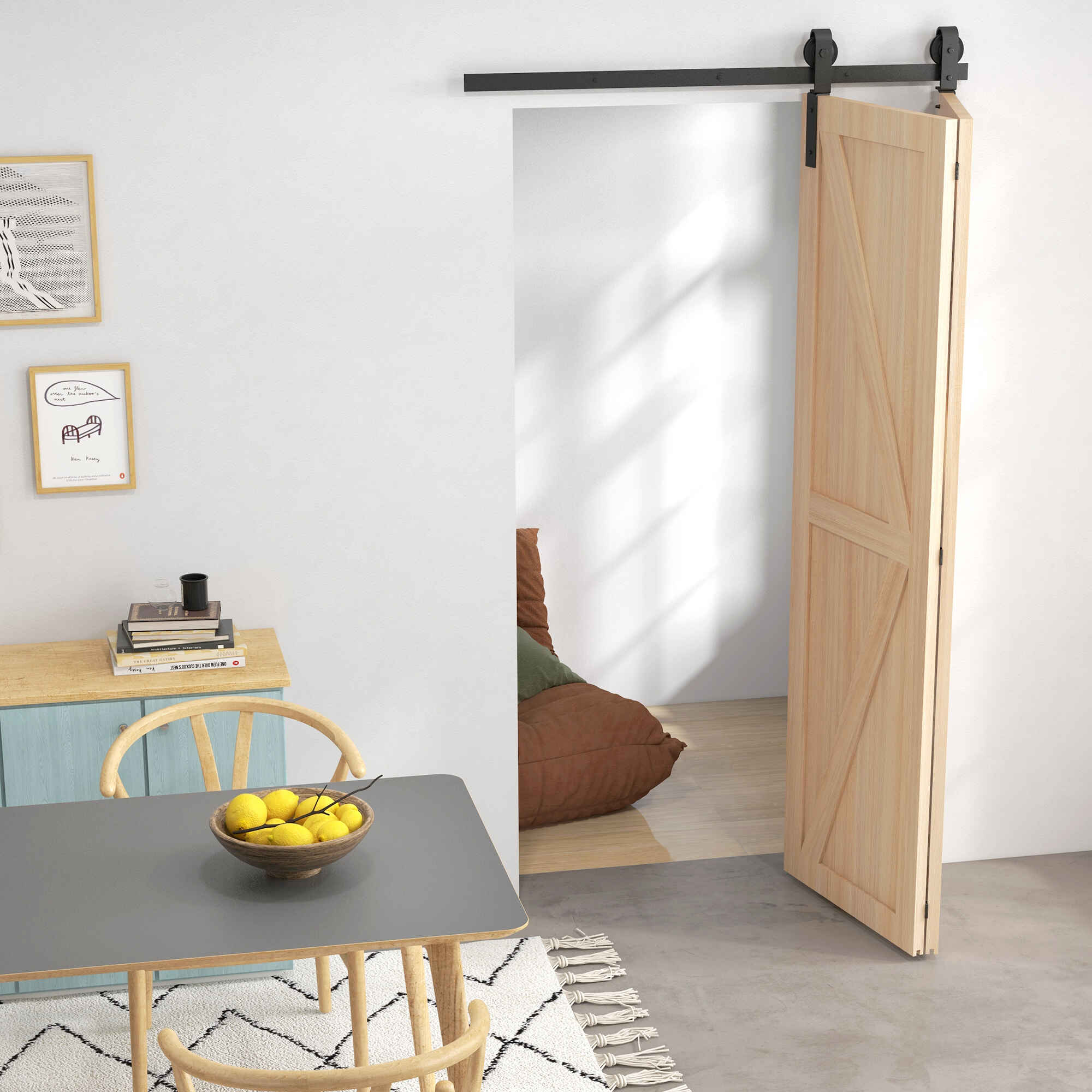 4FT/122CM Herrajes para Puerta Corredera Plegable Kit de Puerta Corrediza para 2 Puertas con Riel / Guía para Granero Negro