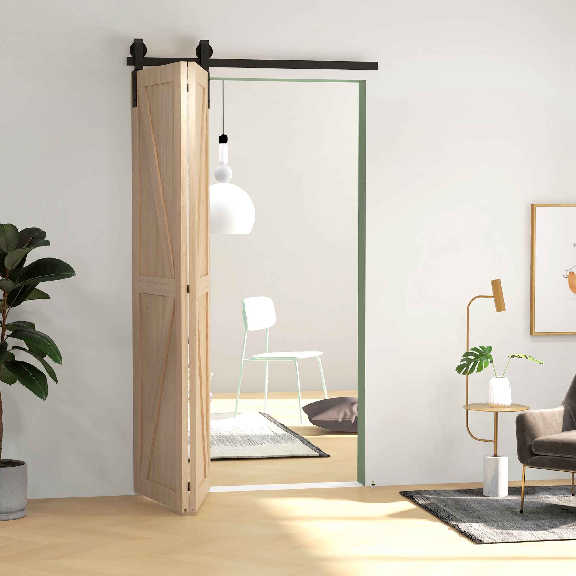 4FT/122CM Herrajes para Puerta Corredera Plegable Kit de Puerta Corrediza para 2 Puertas con Riel / Guía para Granero Negro