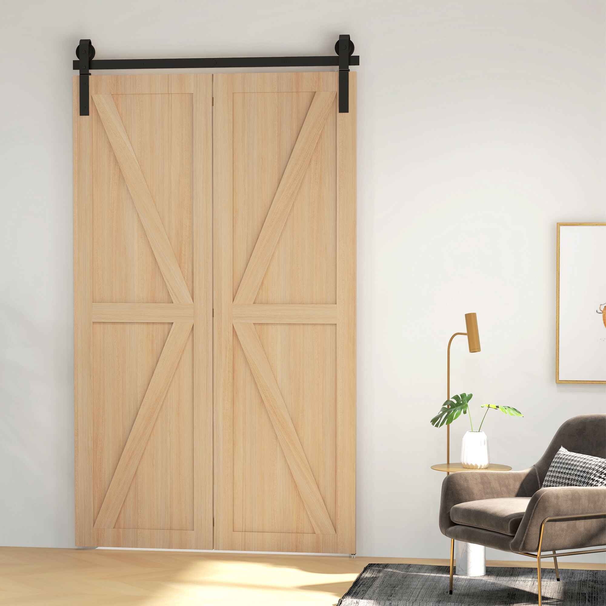 4FT/122CM Herrajes para Puerta Corredera Plegable Kit de Puerta Corrediza para 2 Puertas con Riel / Guía para Granero Negro