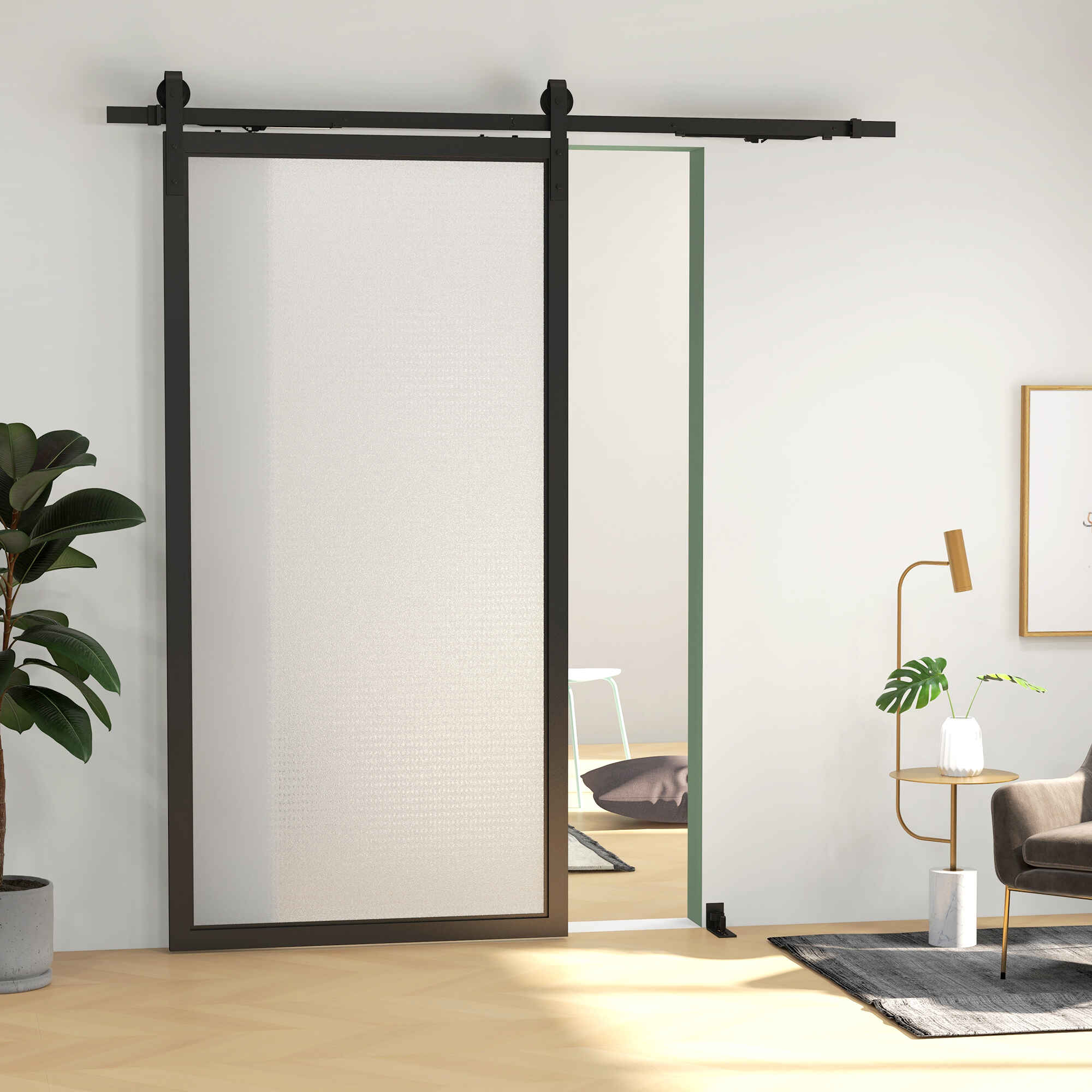 6,6FT/200cm Herrajes para Puerta Corredera Kit Guía para Puerta Corredera con Amortiguador sin Perforación Kit de Accesorios para Puerta Corrediza con 2 Rieles para Granero Negro