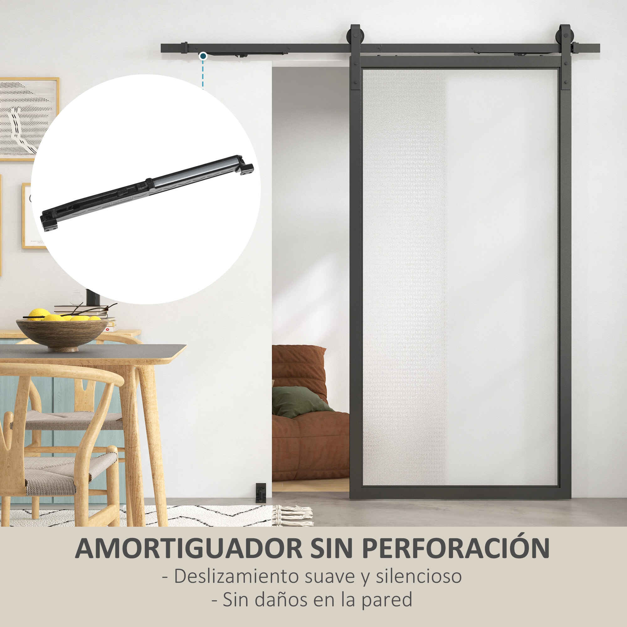 6,6FT/200cm Herrajes para Puerta Corredera Kit Guía para Puerta Corredera con Amortiguador sin Perforación Kit de Accesorios para Puerta Corrediza con 2 Rieles para Granero Negro