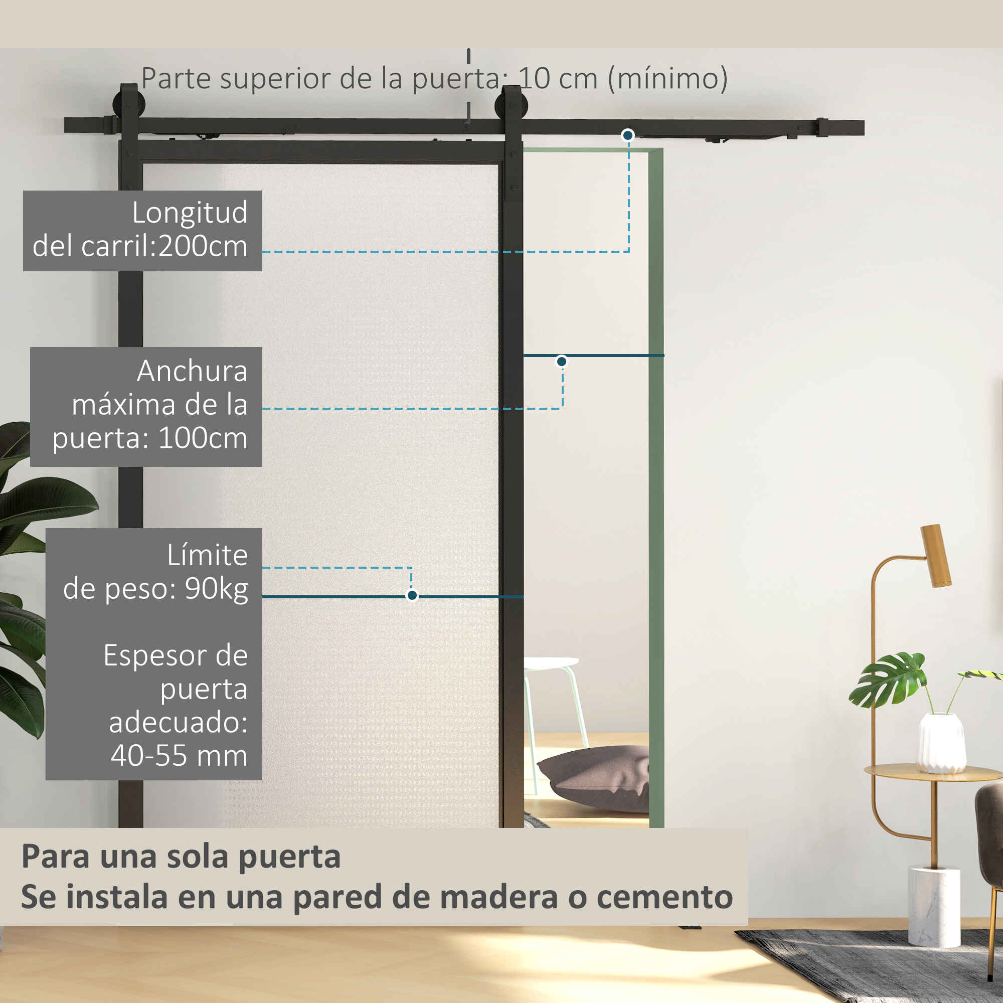 6,6FT/200cm Herrajes para Puerta Corredera Kit Guía para Puerta Corredera con Amortiguador sin Perforación Kit de Accesorios para Puerta Corrediza con 2 Rieles para Granero Negro