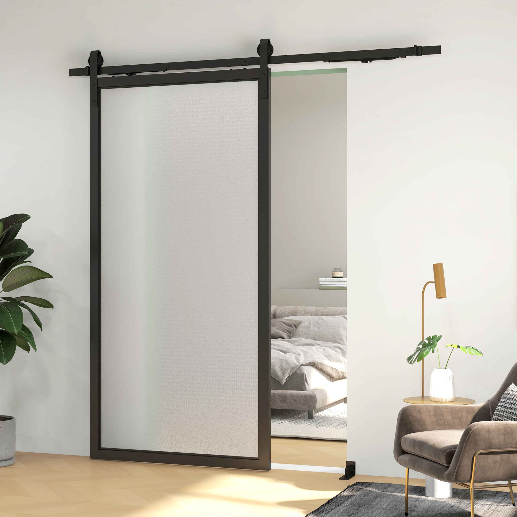 6,6FT/200cm Herrajes para Puerta Corredera Kit Guía para Puerta Corredera con Amortiguador sin Perforación Kit de Accesorios para Puerta Corrediza con 2 Rieles para Granero Negro