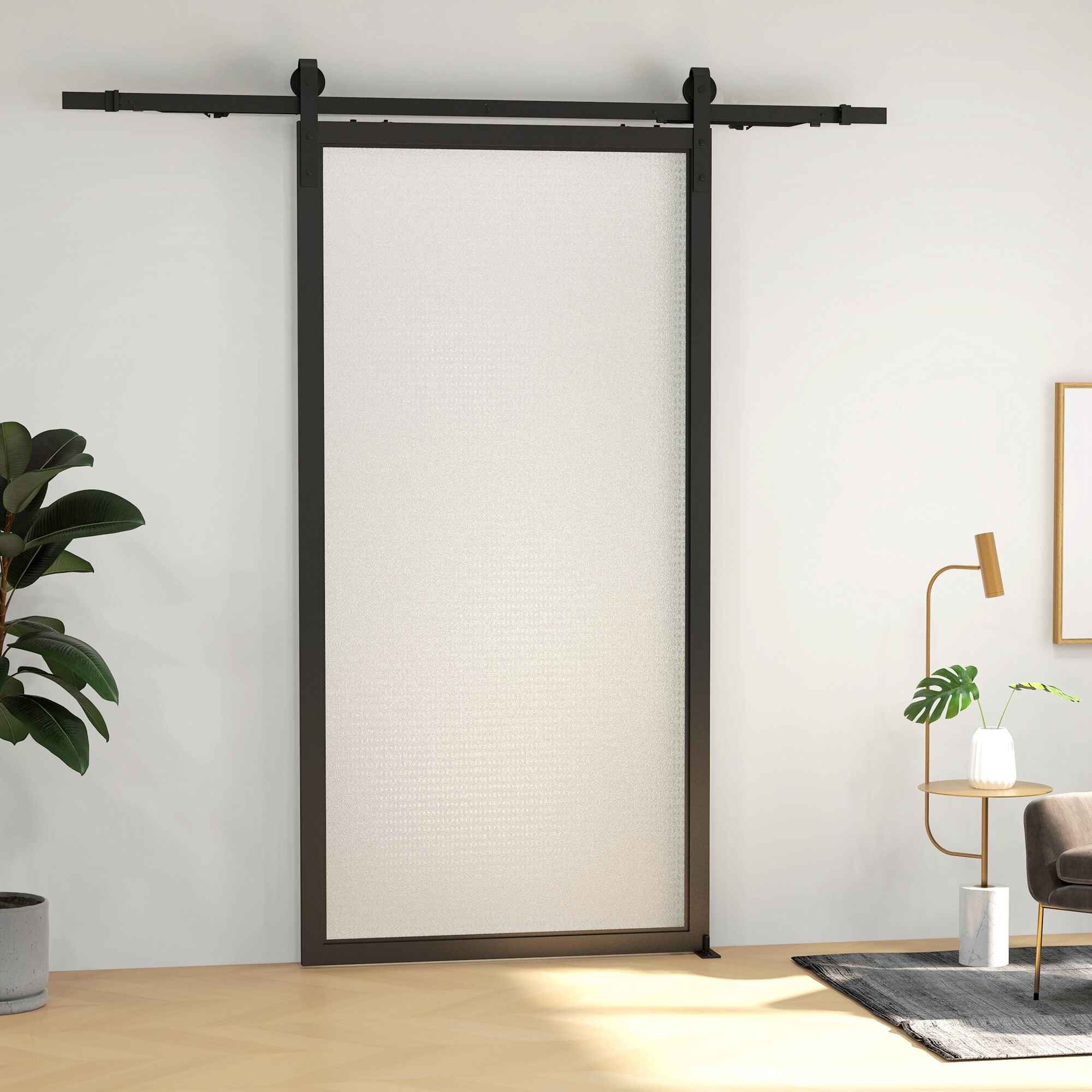 6,6FT/200cm Herrajes para Puerta Corredera Kit Guía para Puerta Corredera con Amortiguador sin Perforación Kit de Accesorios para Puerta Corrediza con 2 Rieles para Granero Negro