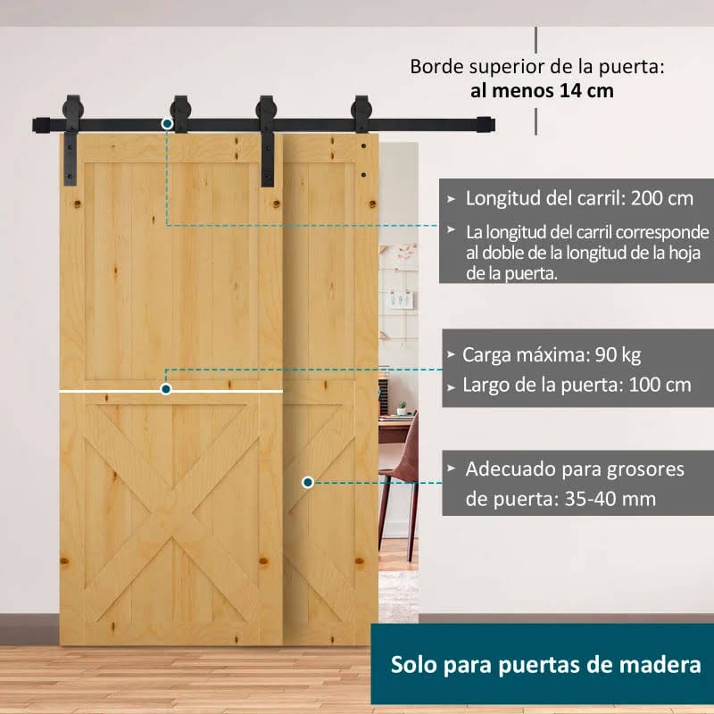 Herrajes Puerta Corredera 200 cm Kit de Acero al Carbono Accesorios para 2 Puertas Deslizantes de Madera de 100 cm de Ancho Baño Domitorio Cocina