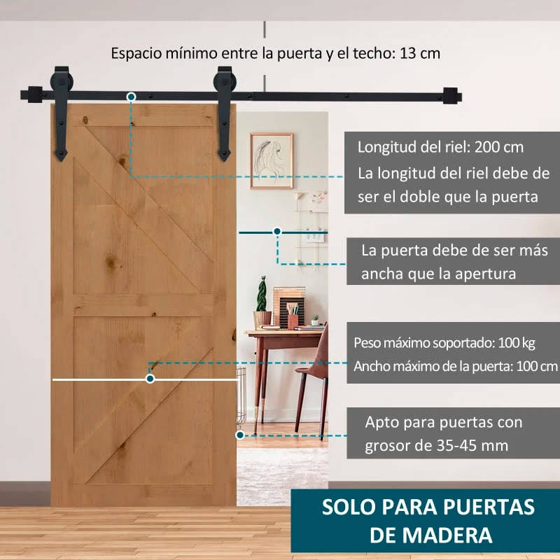 200cm/6.6FT Herraje para Puerta Corredera Tipo Flecha Kit de Accesorios para Puerta Corrediza Granero de Madera con Guía de Suelo Riel Acero al Carbono Negro