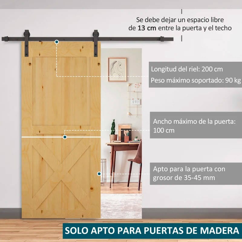 200 cm Herraje para Puerta Corredera de Madera Kit de Accesorios Guía de Riel con Tornillos Carga Máx. 90 kg Acero al Carbono Marrón