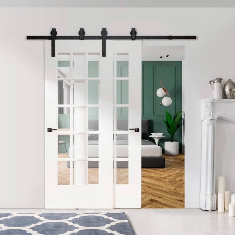 Herrajes Puerta Corredera 200 cm Kit de Acero al Carbono Accesorios para 2 Puertas Deslizantes de Madera de 100 cm de Ancho Baño Domitorio Cocina