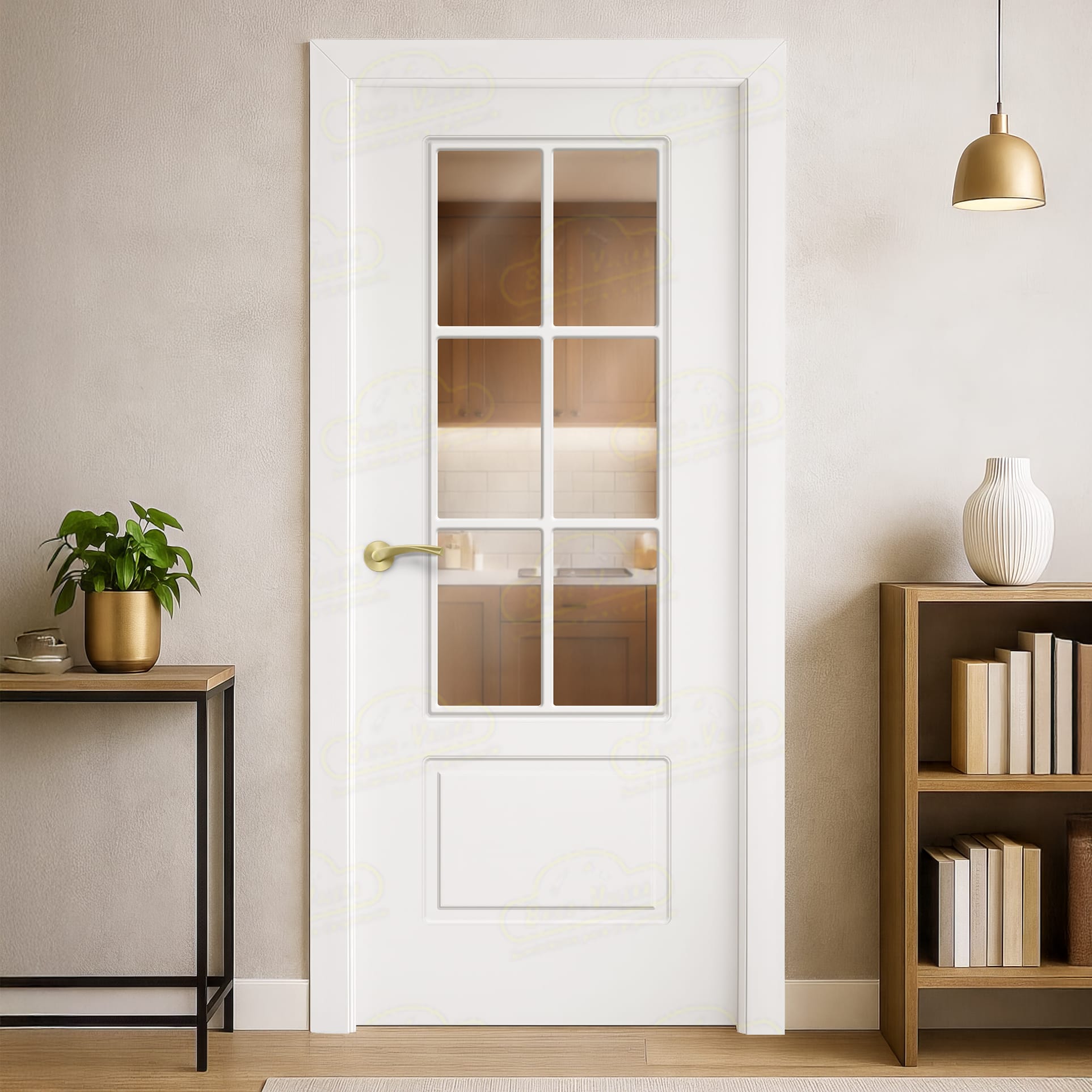 Puerta Maciza P-12 V6 Lacada Blanca con Manillas Doradas 