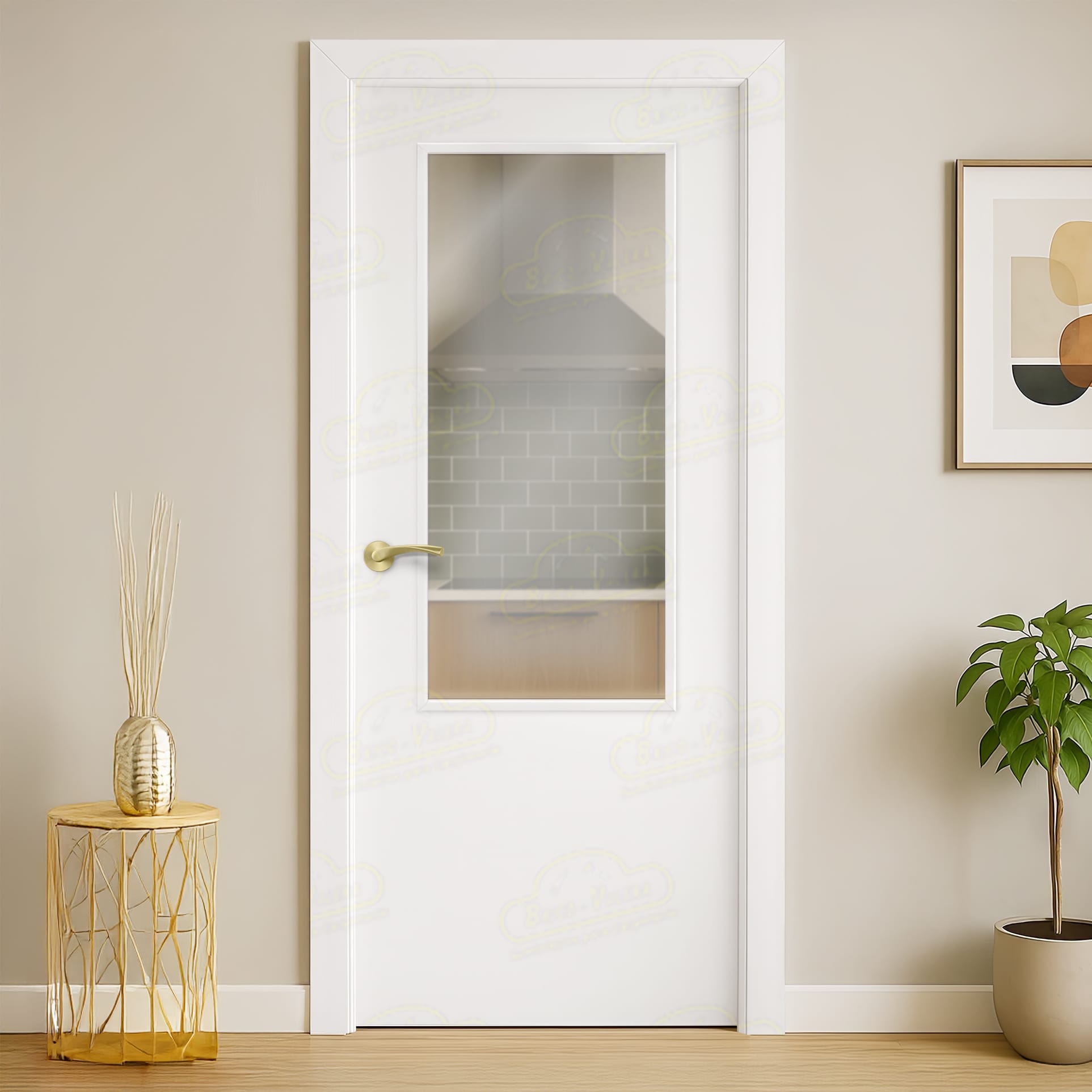 Puerta Maciza PL1 ZV1 Lacada Blanca con Manillas Doradas 