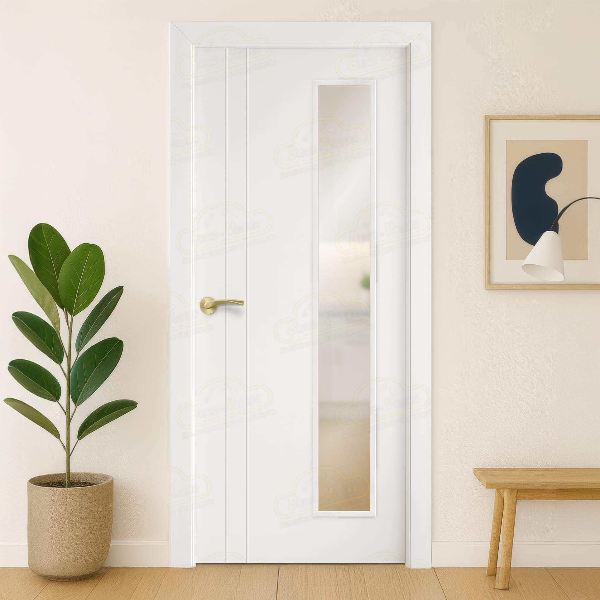Puerta Maciza PV2 V1L Lacada Blanca con Manillas Doradas 