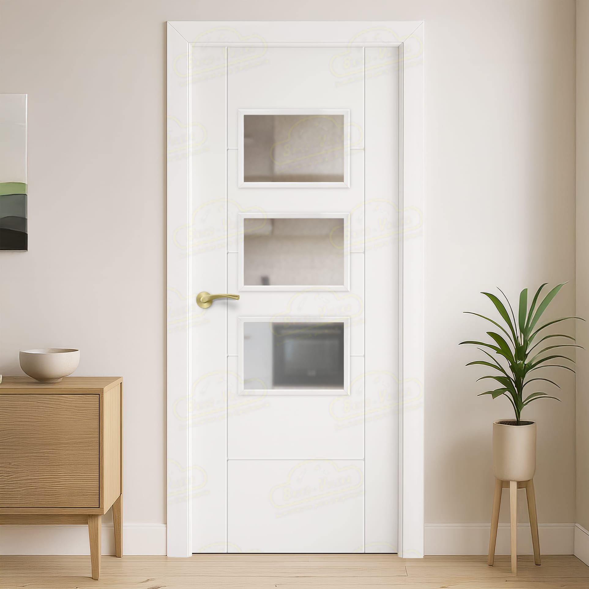 Puerta Maciza PVP5 BV3Z Lacada Blanca con Manillas Doradas 