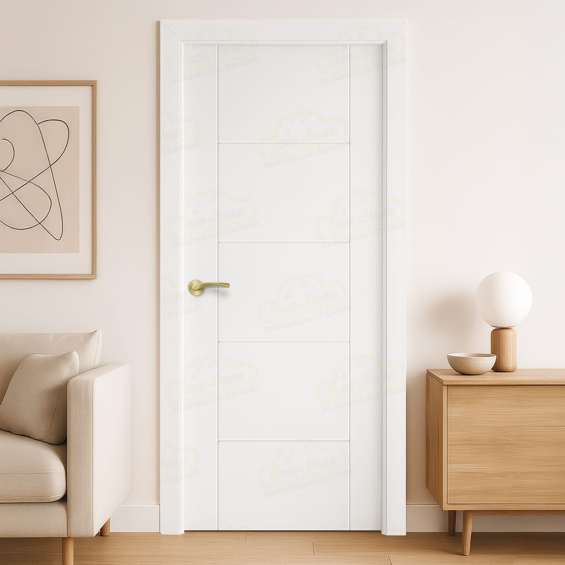 Puerta Maciza PVP5 Lacada Blanca con Manillas Doradas 