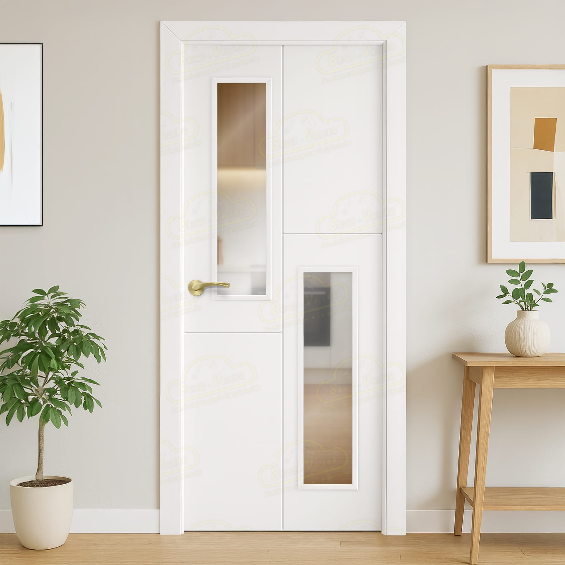 Puerta Maciza PVT4 V2 Lacada Blanca con Manillas Doradas 