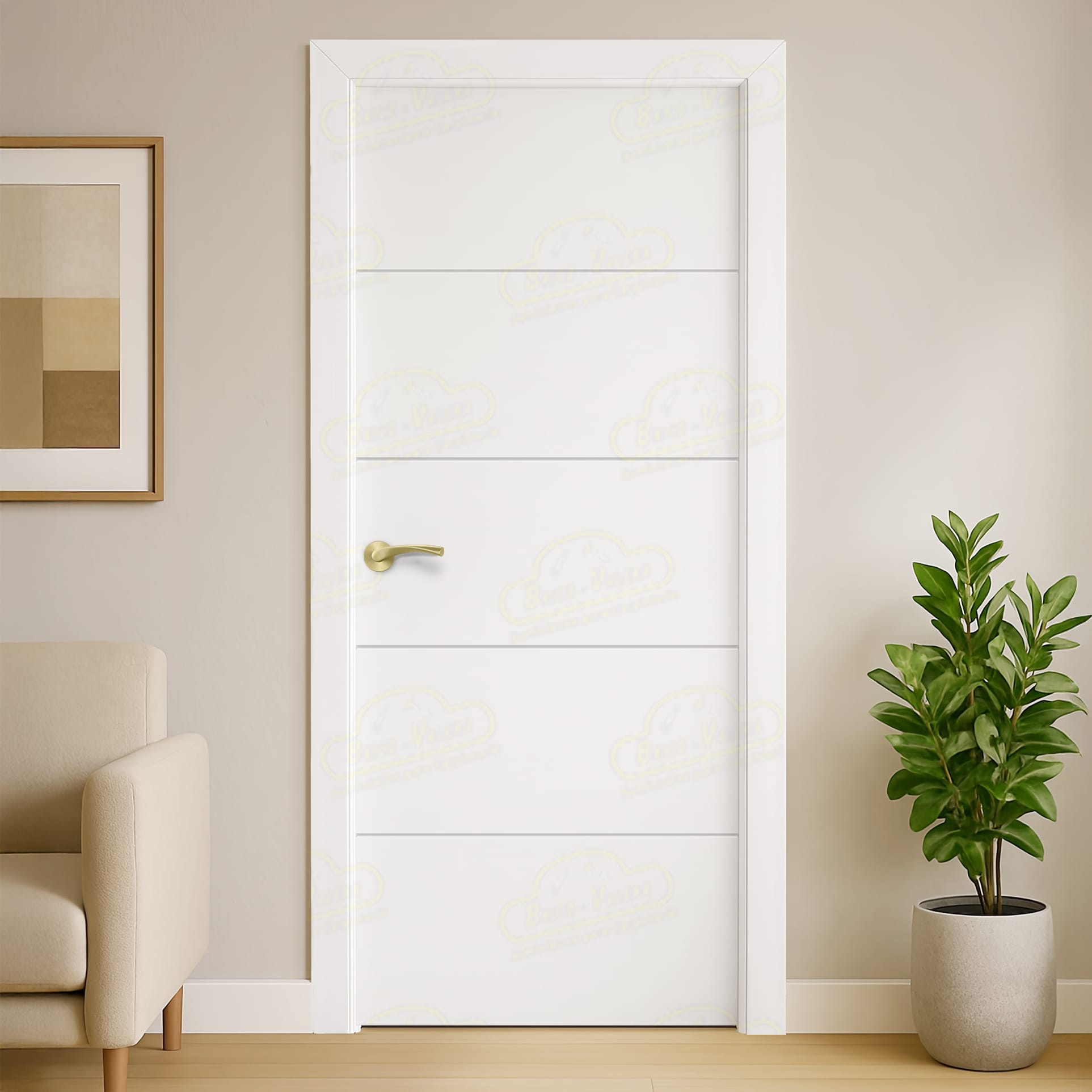 Puerta Maciza PVT5 Lacada Blanca con Manillas Doradas 