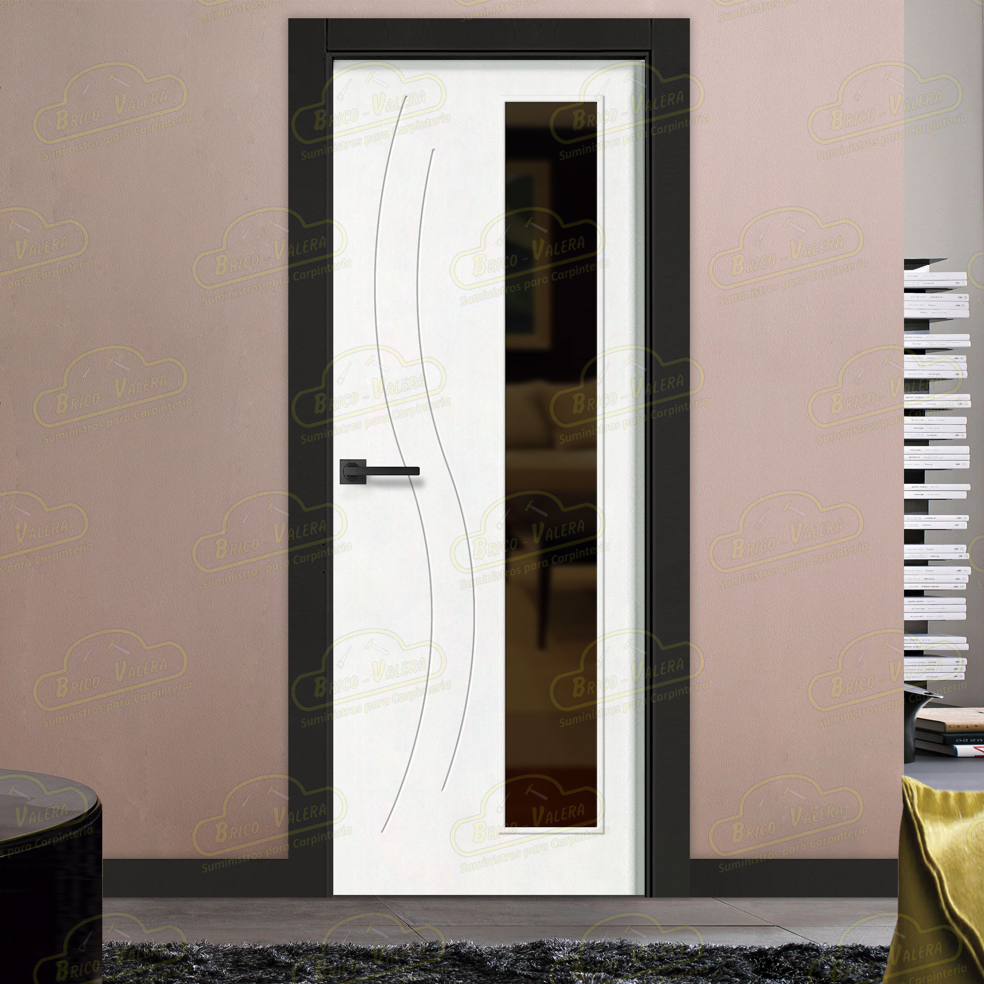 Puerta Premium PANAMÁ-V1L Lacada Blanca y Negra de Interior en Block (Maciza)