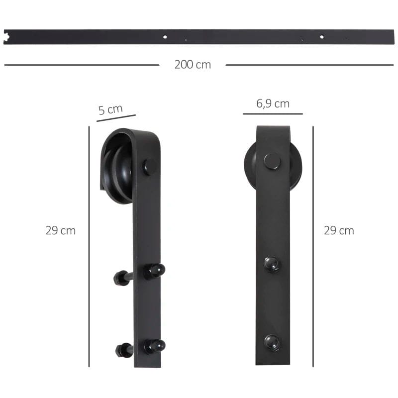 Herraje Puerta Corredera 200 cm Kit de Riel Adecuado para 1 Puerta Granja de Madera de 100 cm de Ancho Acero de Carbono Carga Máx. 90 kg